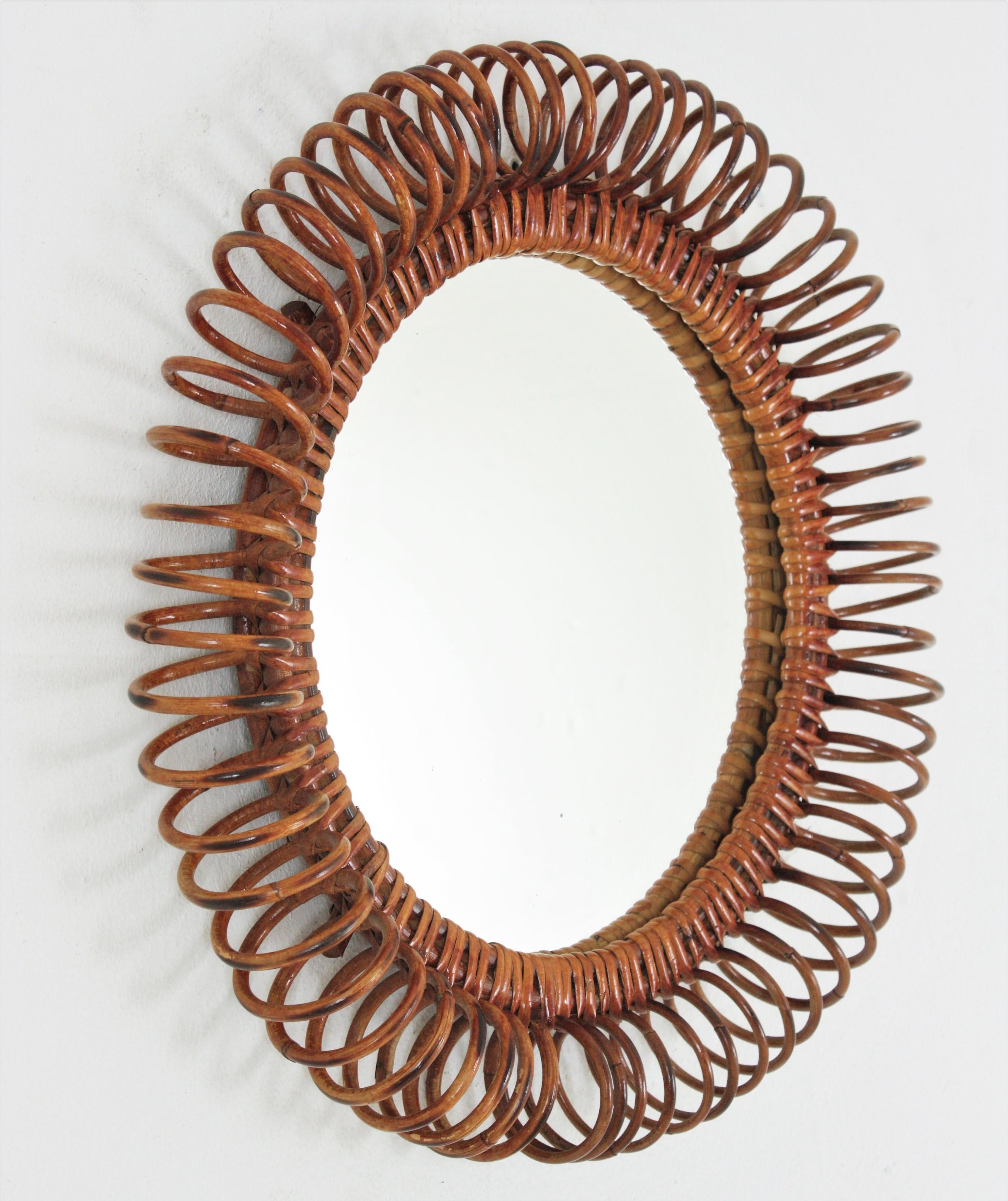Hand-Crafted Italian Round Mirror in Rattan Attributed to Franco Albini, 1950s For Sale