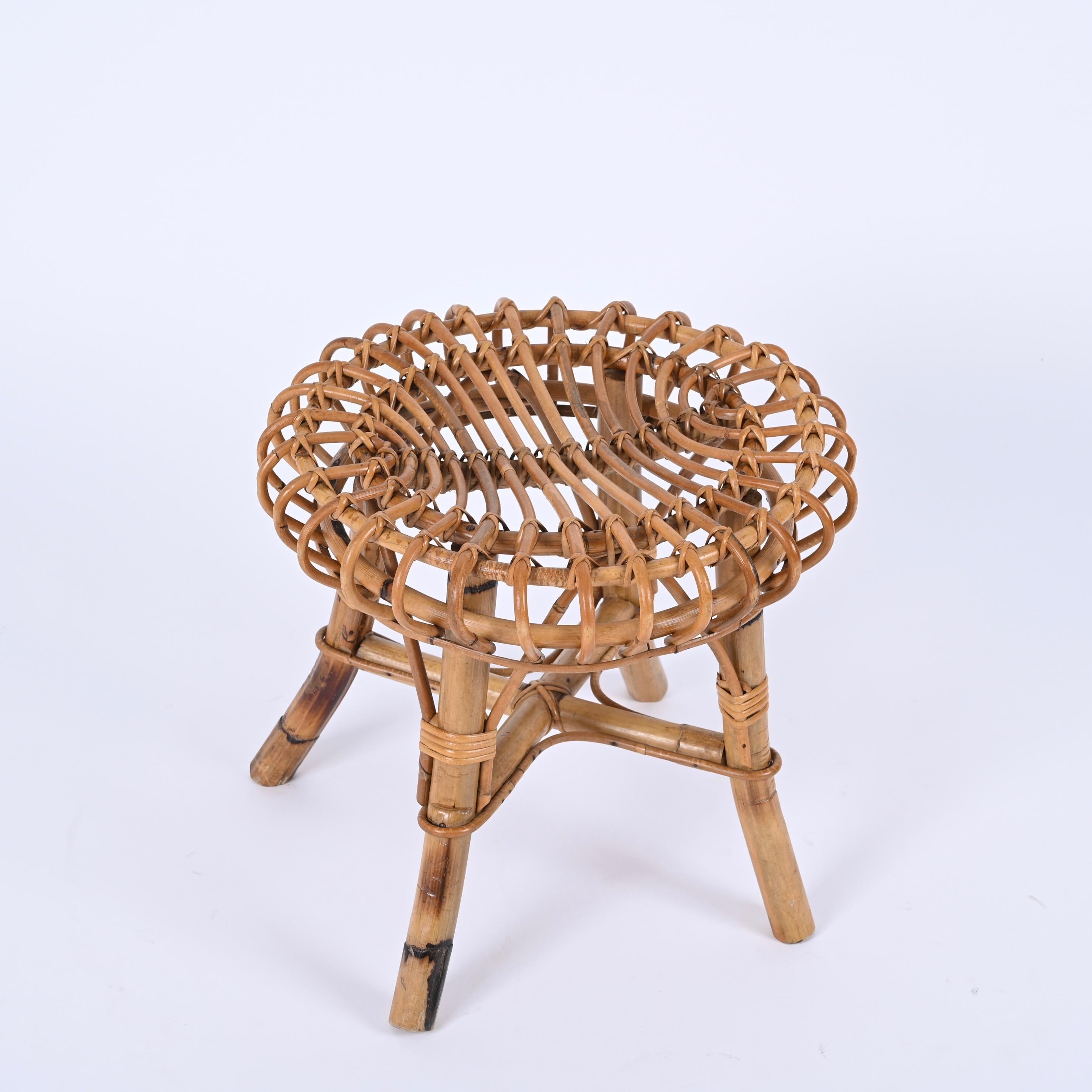 Mid-Century Modern Italian Round Ottoman Stool in Rattan and Bamboo, Franco Albini 1960s For Sale