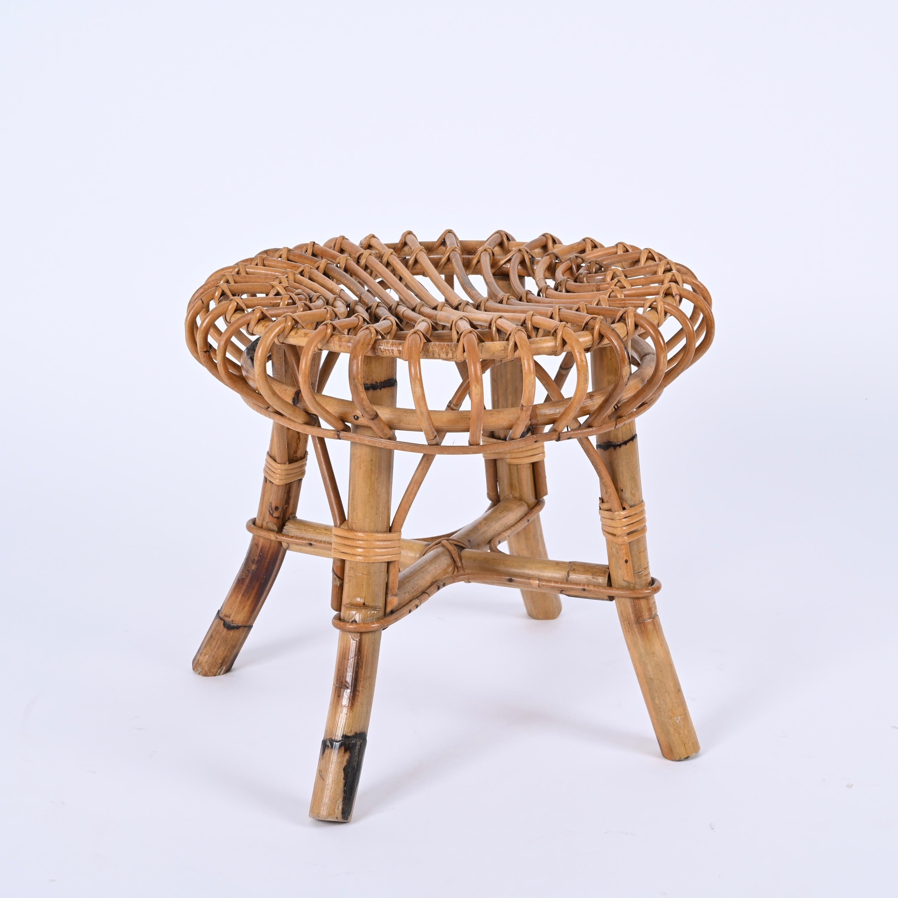 Hand-Crafted Italian Round Ottoman Stool in Rattan and Bamboo, Franco Albini 1960s For Sale