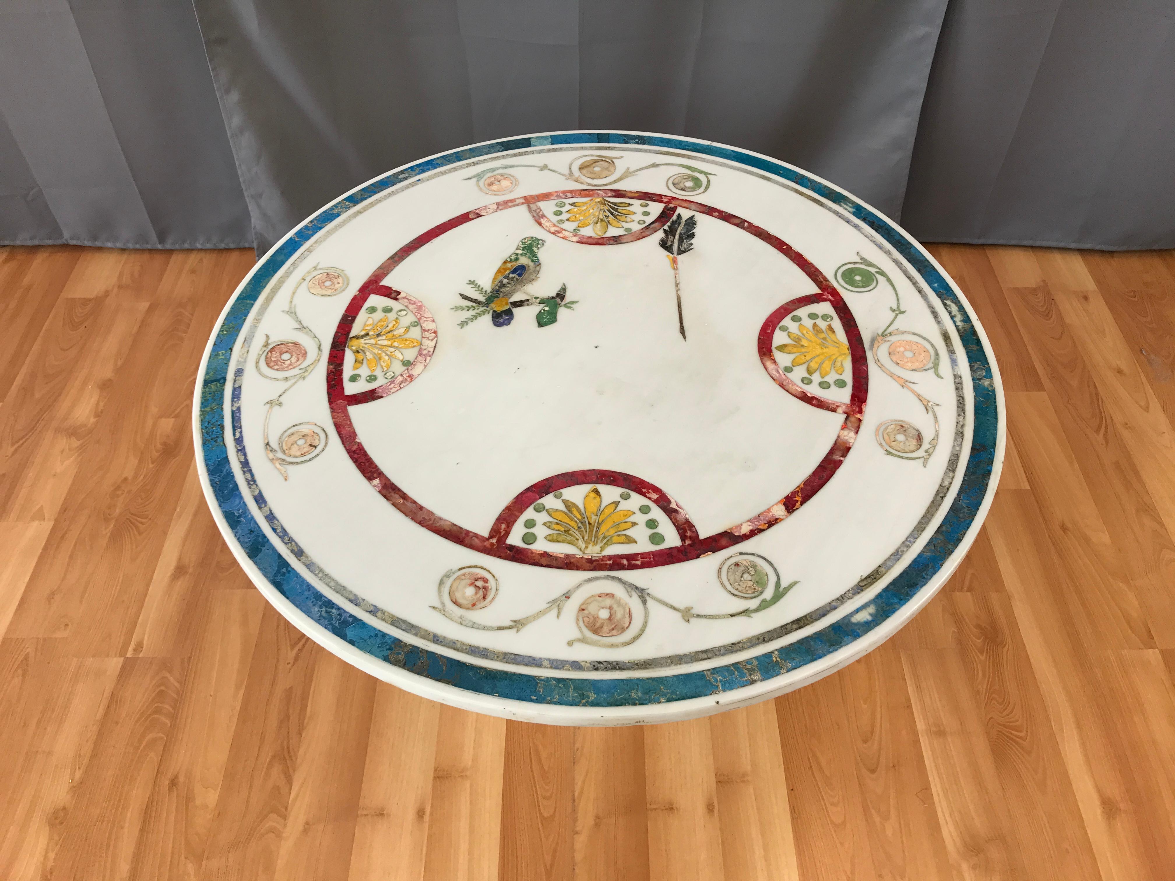 Classical Roman Italian Round Painted Inlay Marble Table
