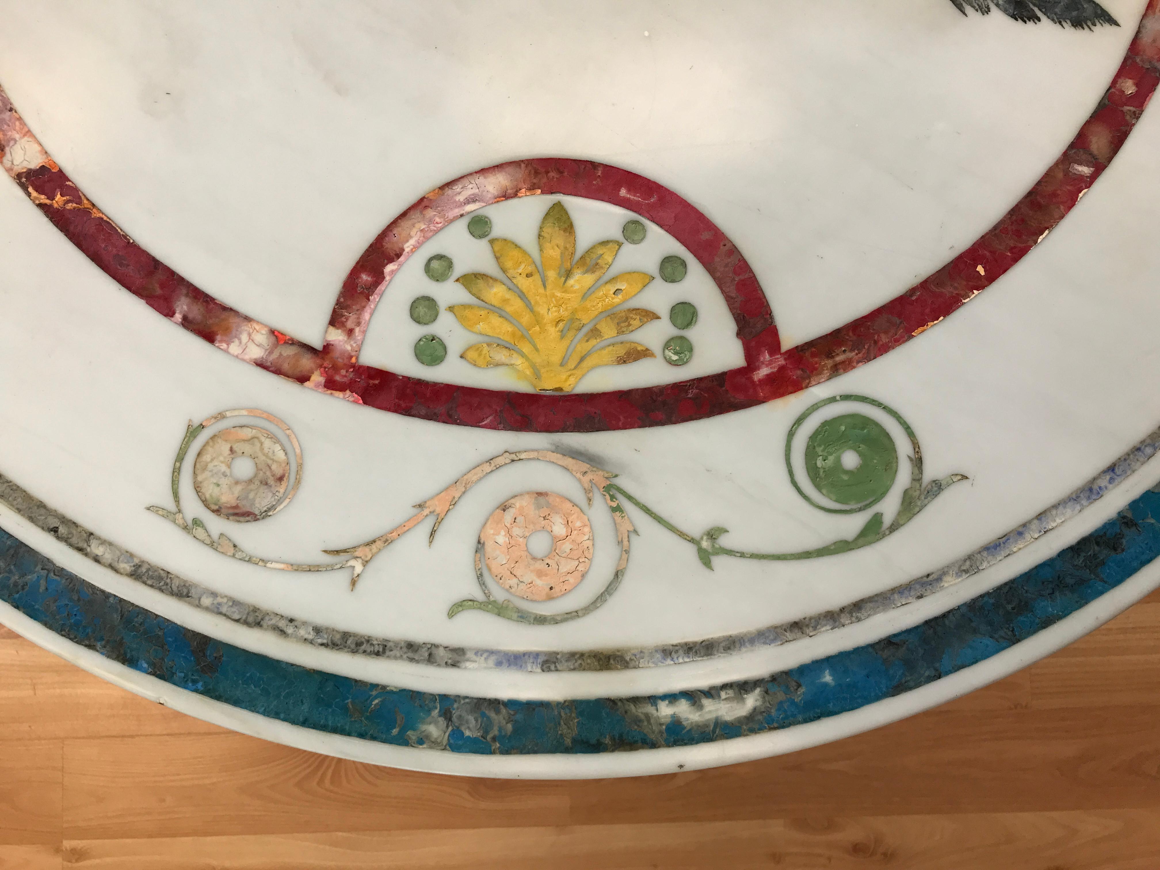 Early 20th Century Italian Round Painted Inlay Marble Table