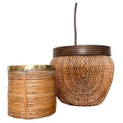 Used Italian Round Rattan & Brass Plant Box Basket