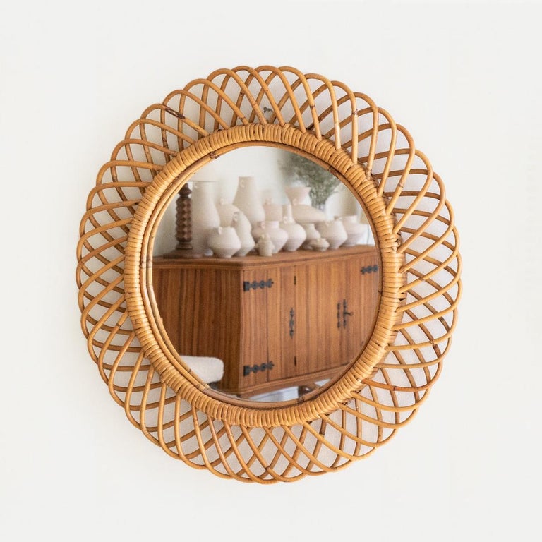 Italian Round Rattan Mirror at 1stDibs