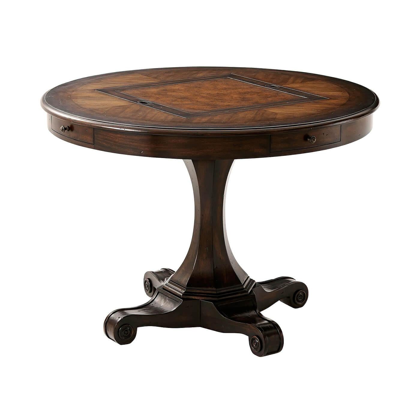 Italian style rustic round game table with molded edge, made of mahogany, acacia and oak parquetry with reversible leather and chess inlaid center, an inlaid Backgammon board well, on an octagonal flared column pedestal base. Includes a wooden chess