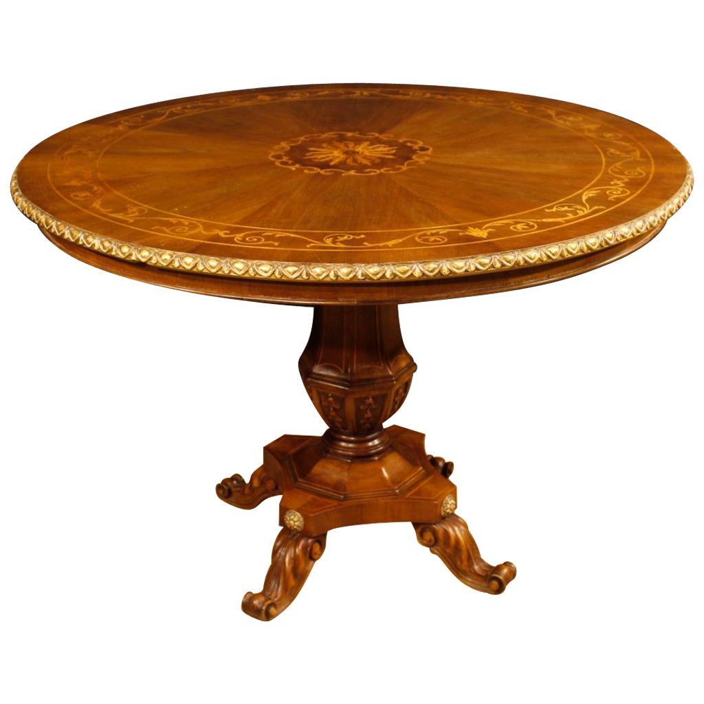 Italian Round Table in Gilt and Inlaid Wood from 20th Century