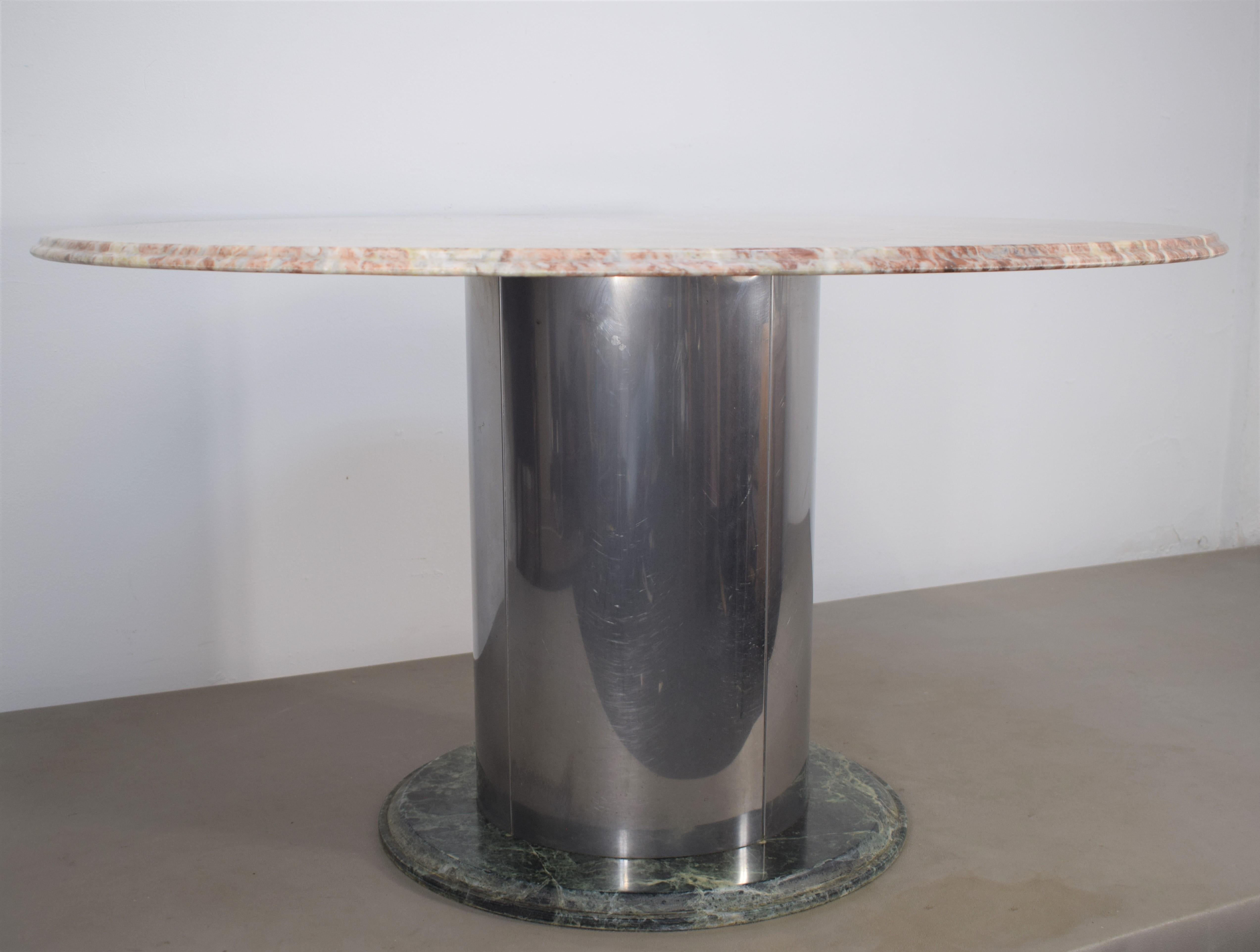 Mid-Century Modern Italian Round Table, Marble and Steel, 1970s For Sale