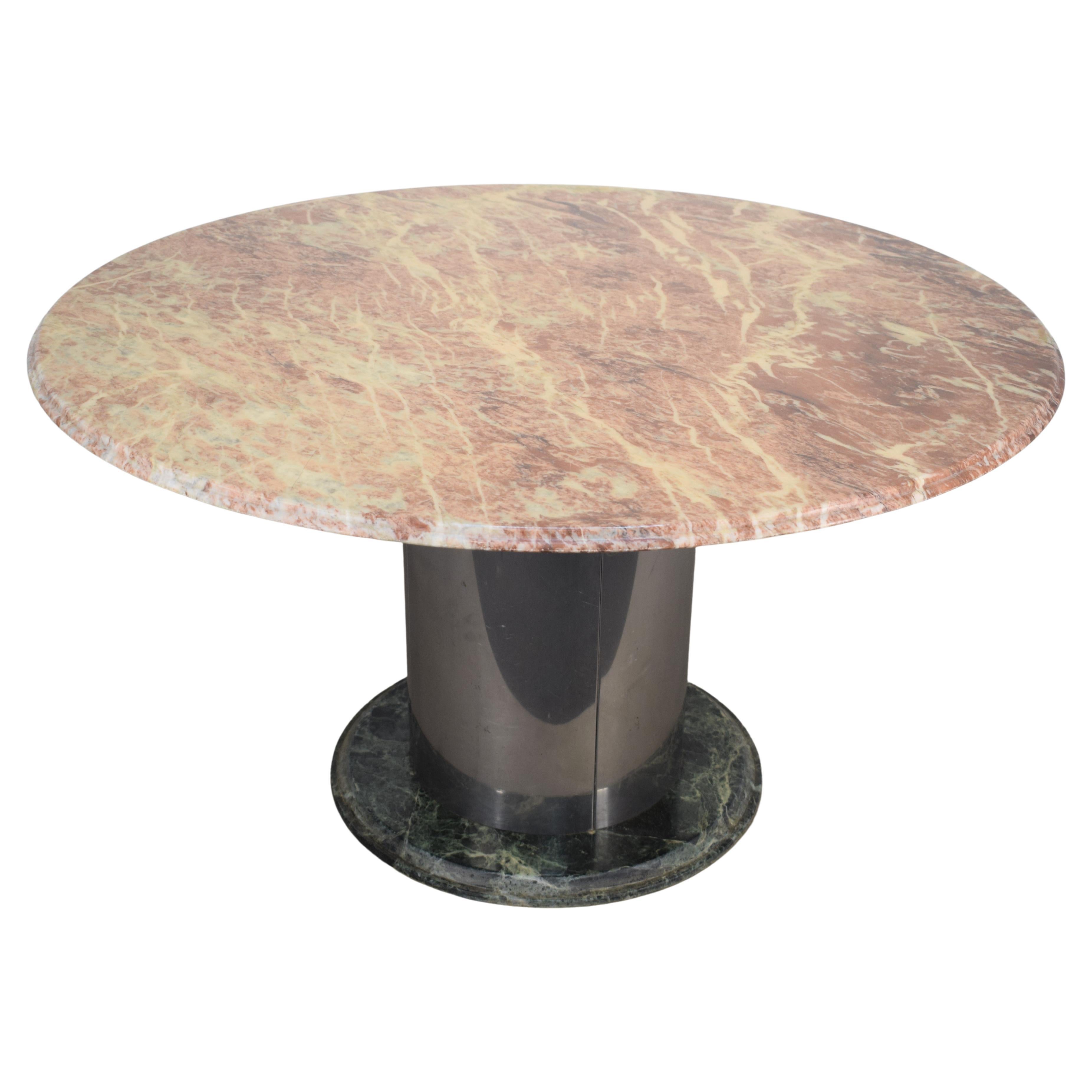 Italian Round Table, Marble and Steel, 1970s