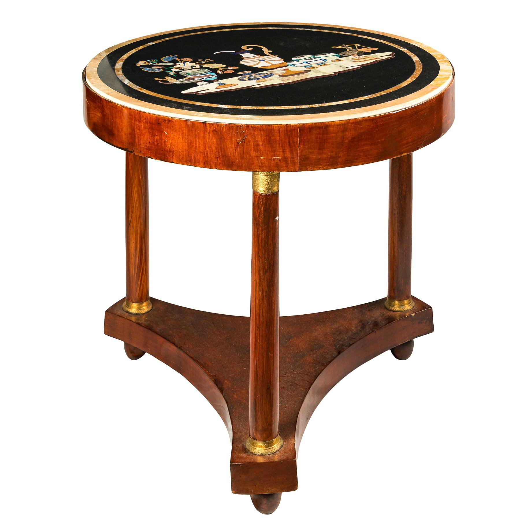 Italian Round Table with Marble Top, Italy, 19th Century, Inlay Empire Charles X For Sale