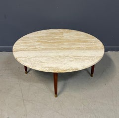 Italian Round Travertine Coffee Table with Walnut Legs and Brass CAP Mid-Century