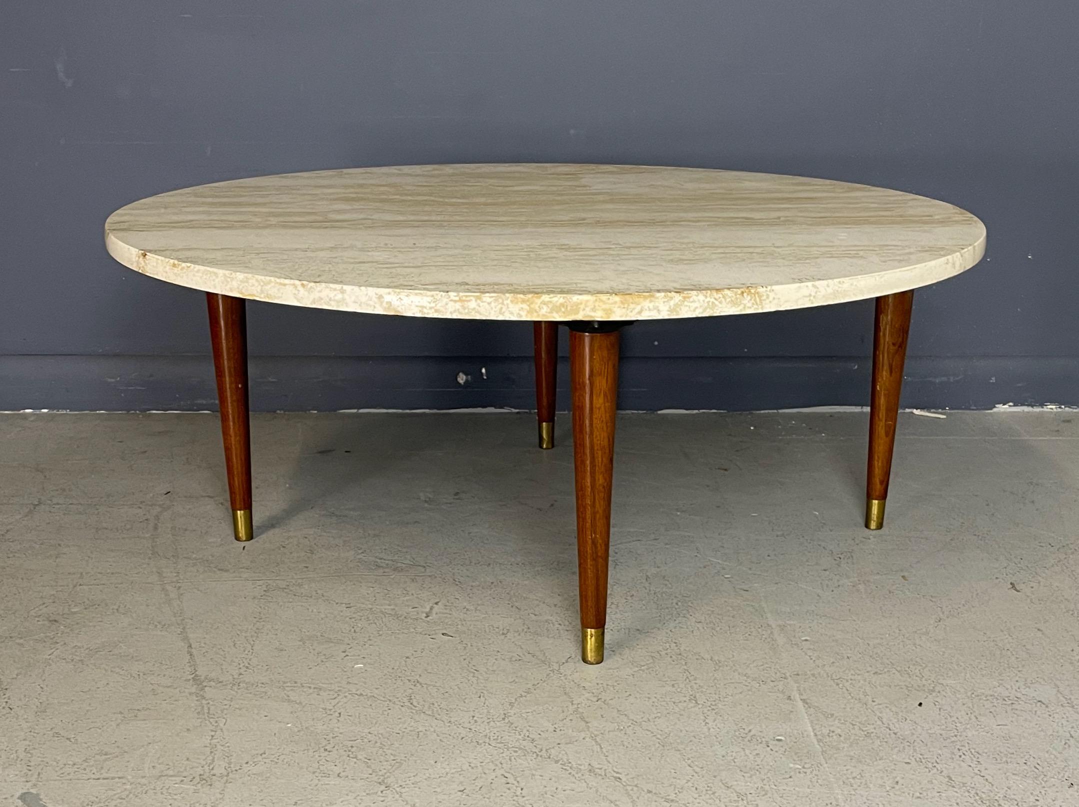 Italian Round Travertine Coffee Table with Walnut Legs and Brass CAP Mid-Century In Good Condition In Philadelphia, PA