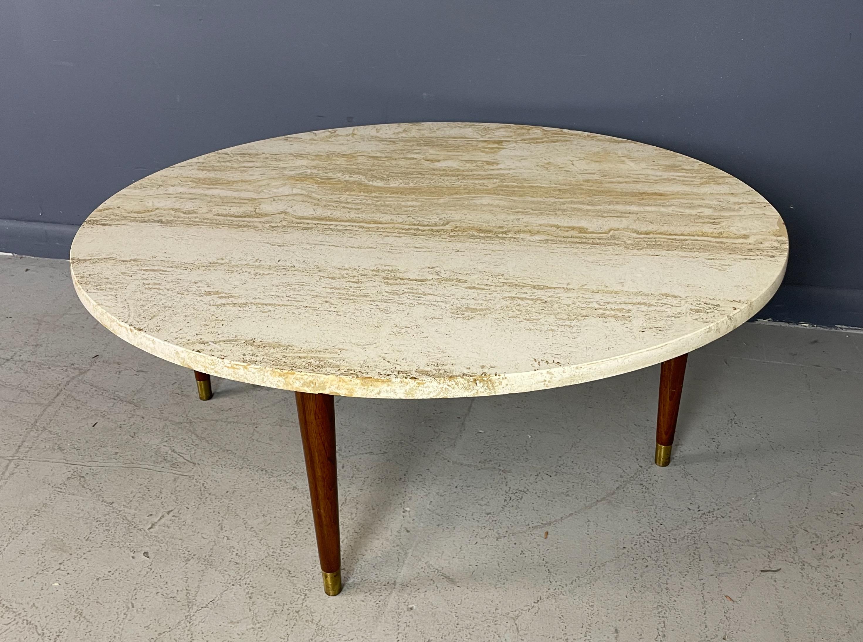 Italian Round Travertine Coffee Table with Walnut Legs and Brass CAP Mid-Century 3