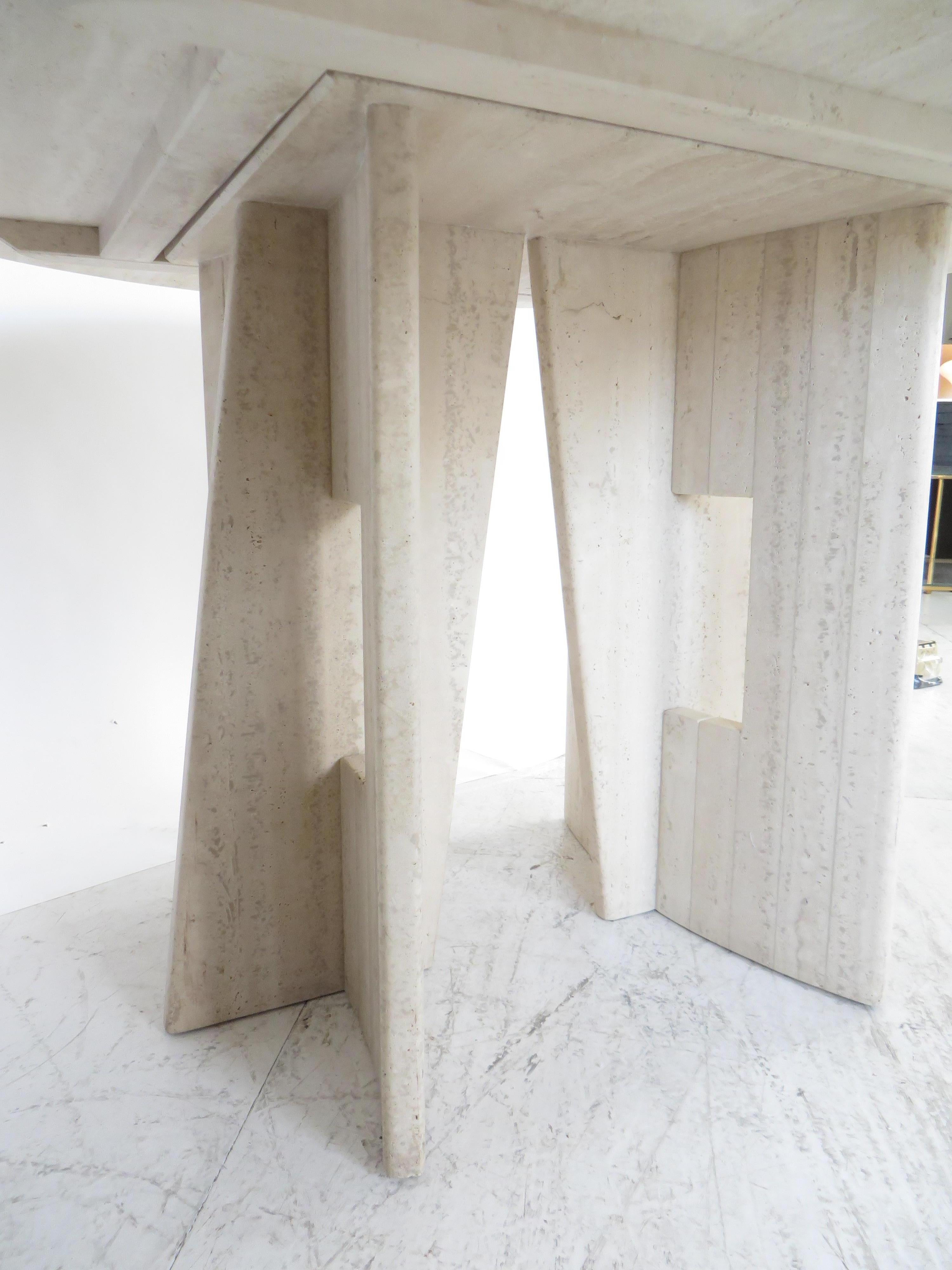 Travertine Marble Dining Table Italian Round with Sculptural Architectural Base 4