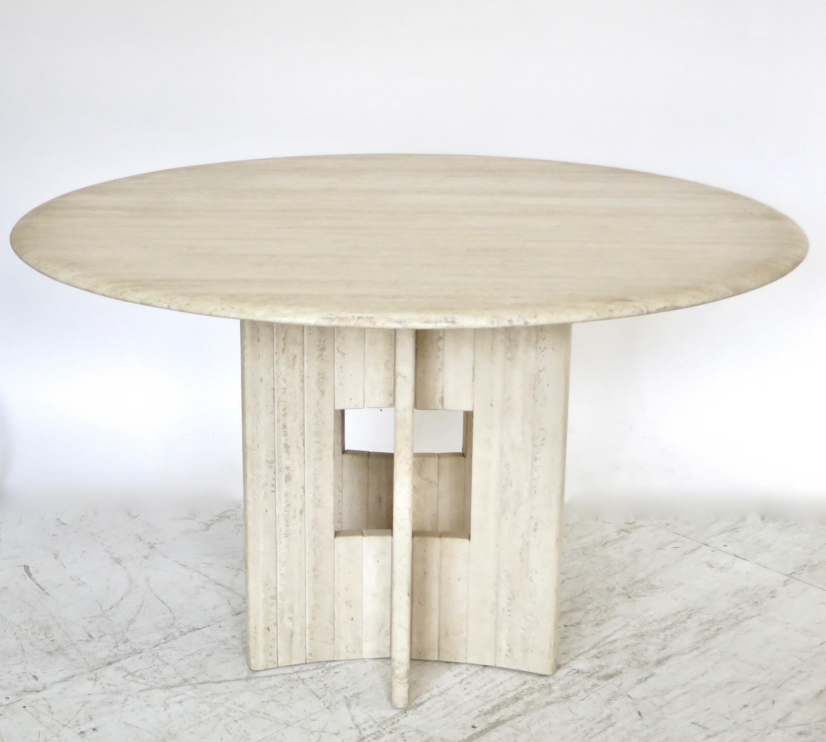 Mid-Century Modern Travertine Marble Dining Table Italian Round with Sculptural Architectural Base