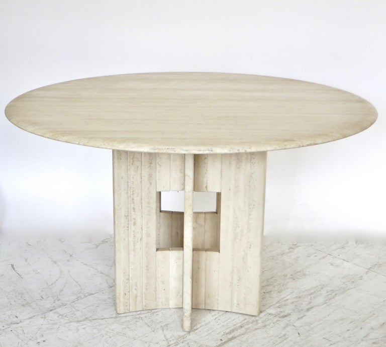 Italian Round Travertine Marble Dining Table with Sculptural