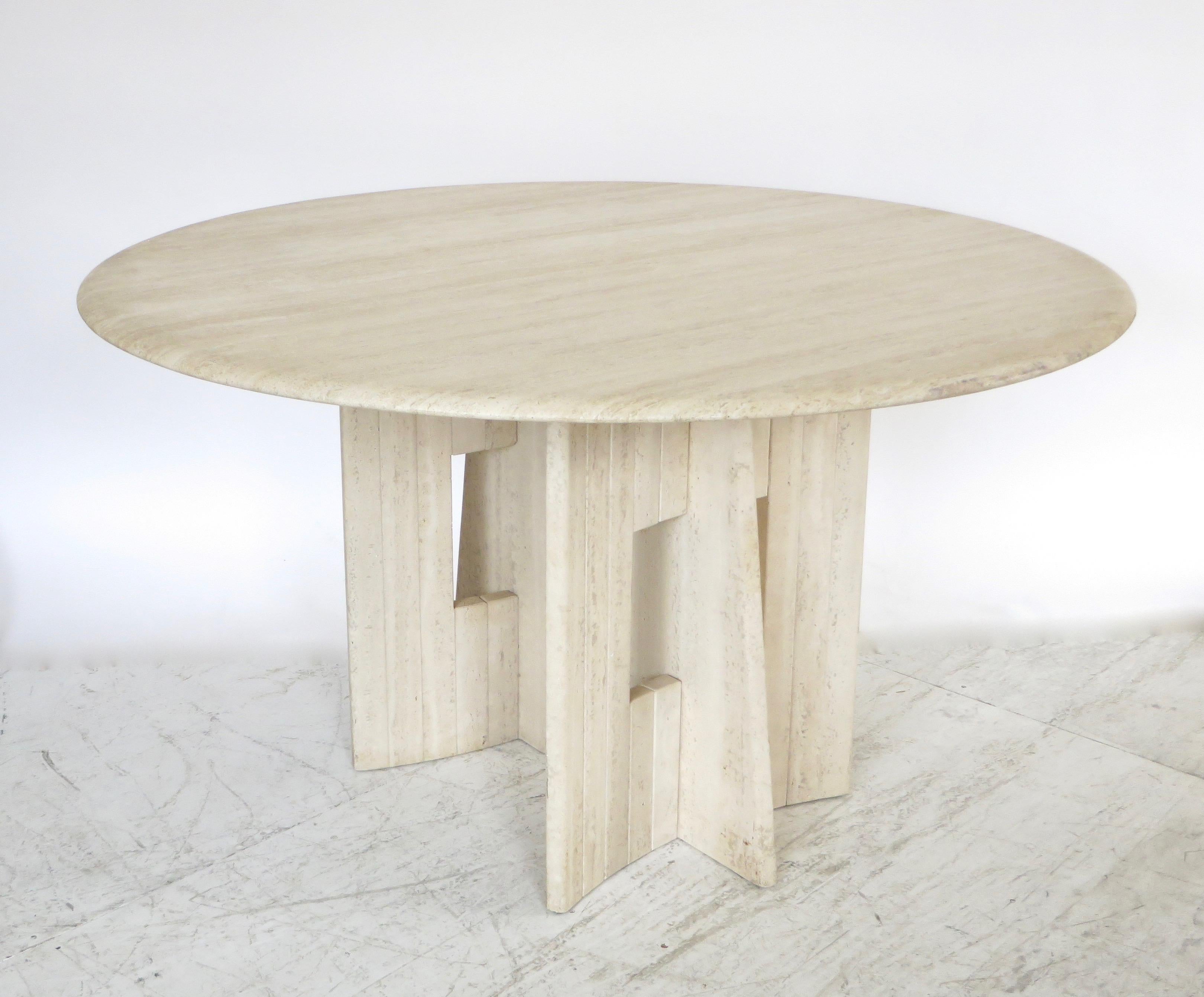 Travertine Marble Dining Table Italian Round with Sculptural Architectural Base In Good Condition In Chicago, IL