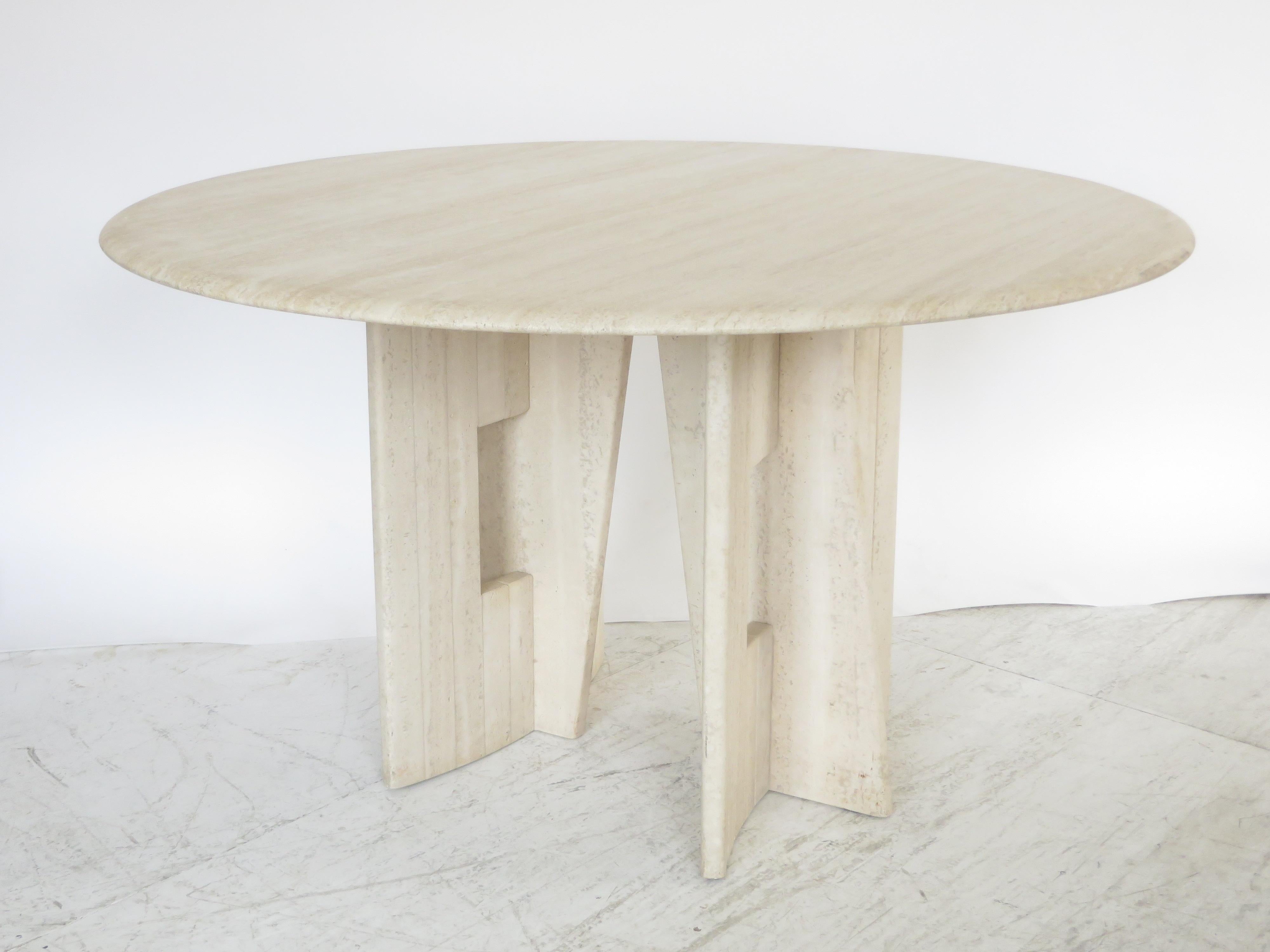 Mid-20th Century Travertine Marble Dining Table Italian Round with Sculptural Architectural Base