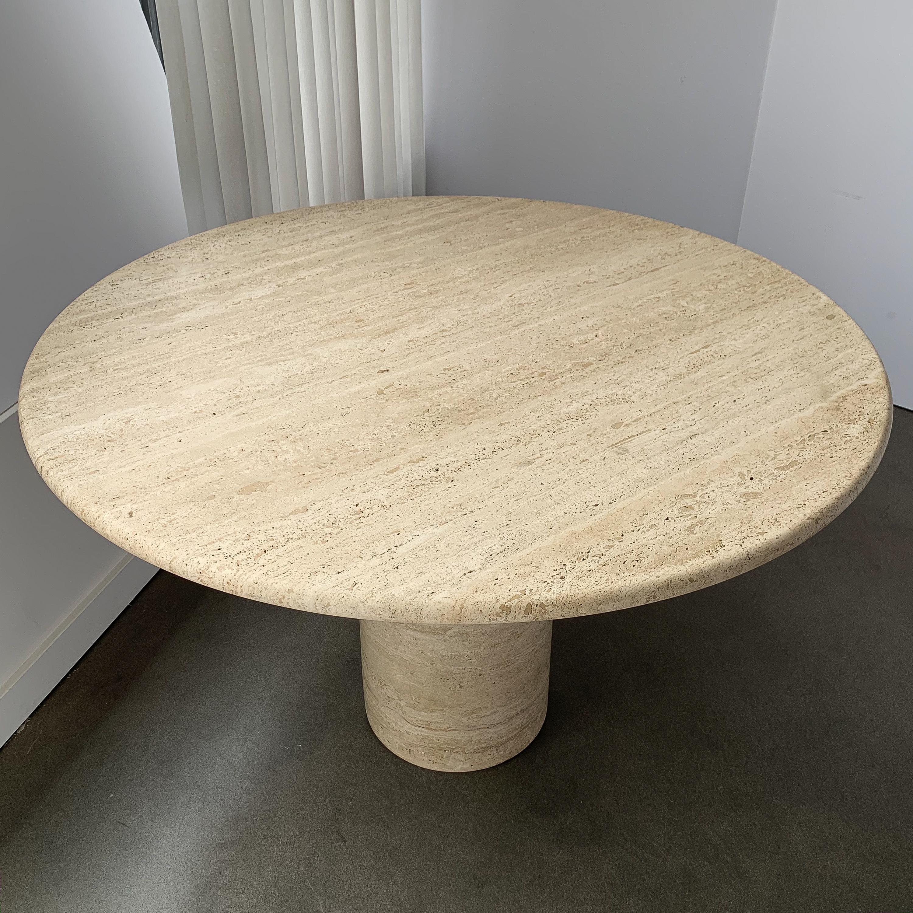 Mid-Century Modern Italian Round Travertine Pedestal Dining Table