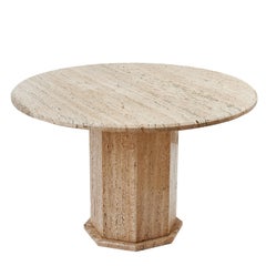 Italian Round Travertine Table with Octagonal Column Base, circa 1970