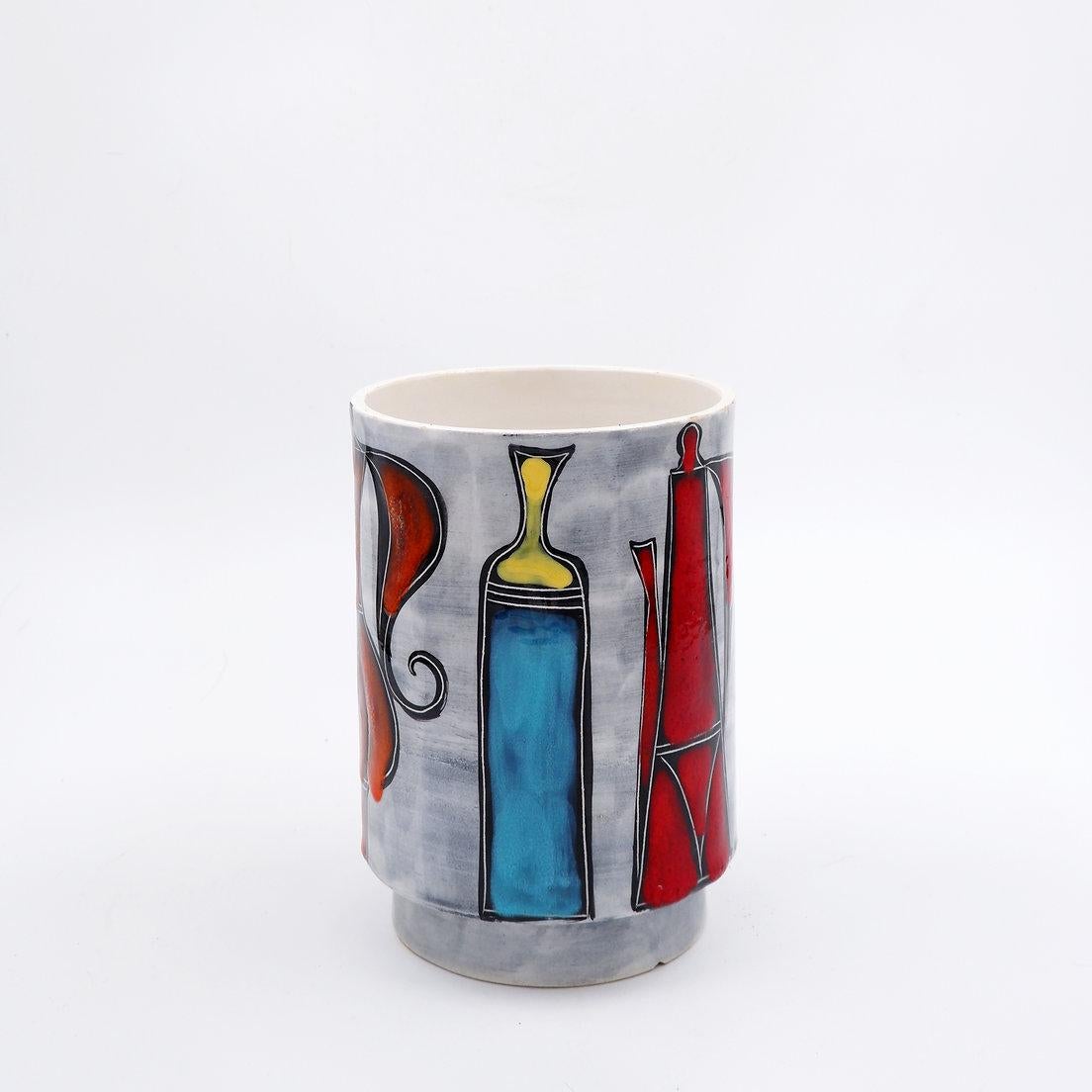 Mid-Century moderno Vaso rotondo italiano con bottiglia e motivi floreali - anni 50/60 in vendita