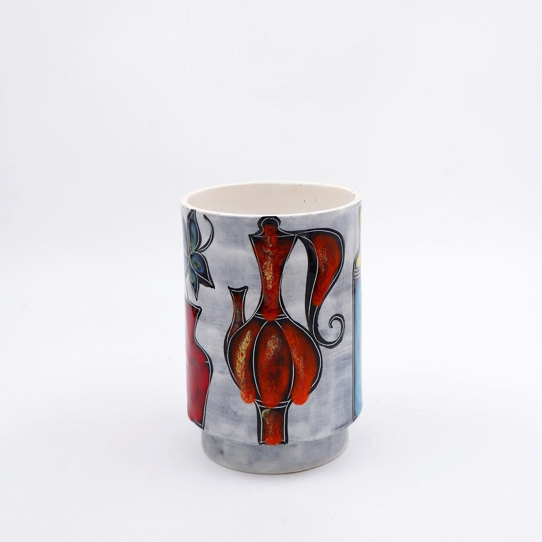 Italiano Vaso rotondo italiano con bottiglia e motivi floreali - anni 50/60 in vendita