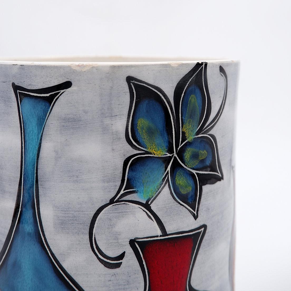 Ceramica Vaso rotondo italiano con bottiglia e motivi floreali - anni 50/60 in vendita