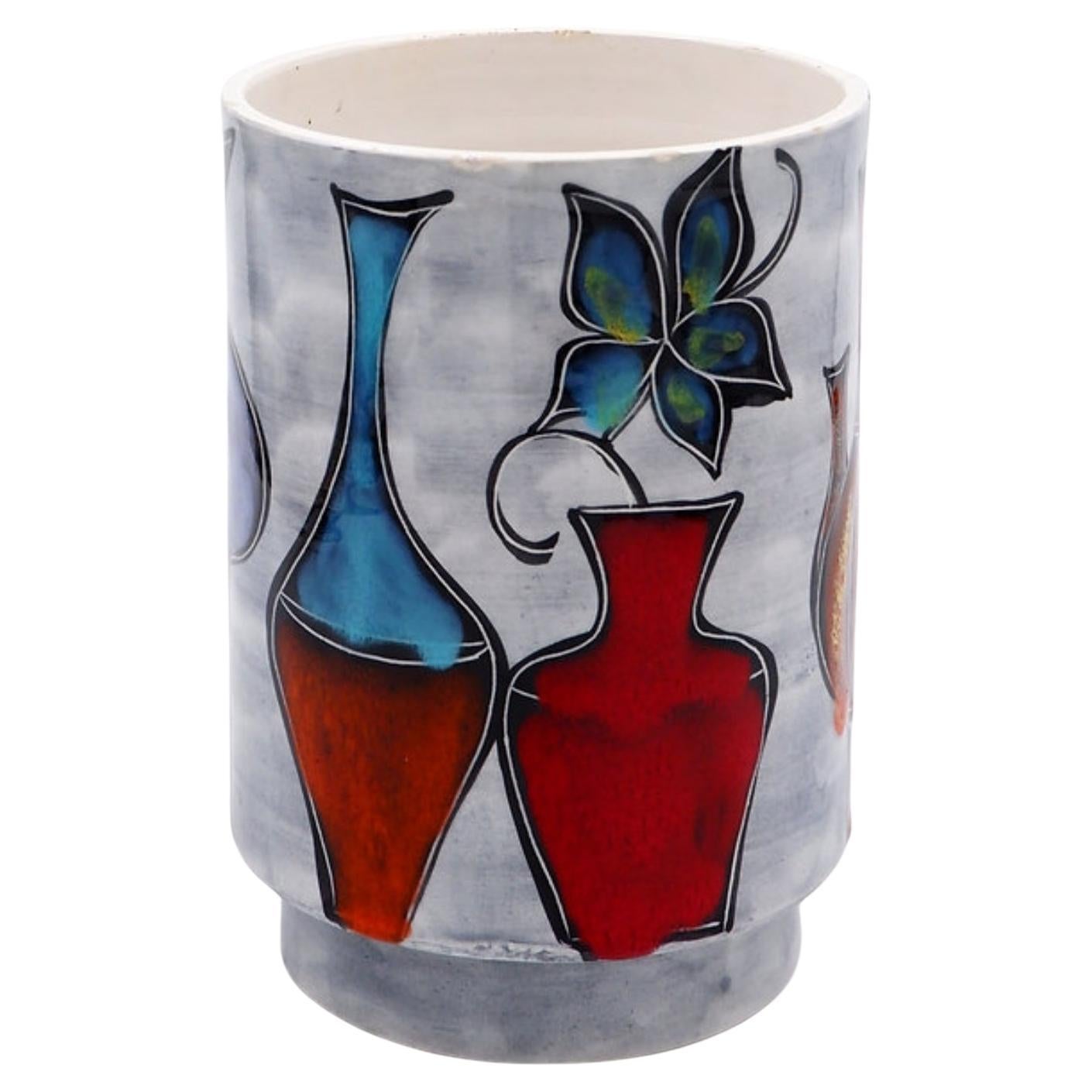 Vaso rotondo italiano con bottiglia e motivi floreali - anni 50/60