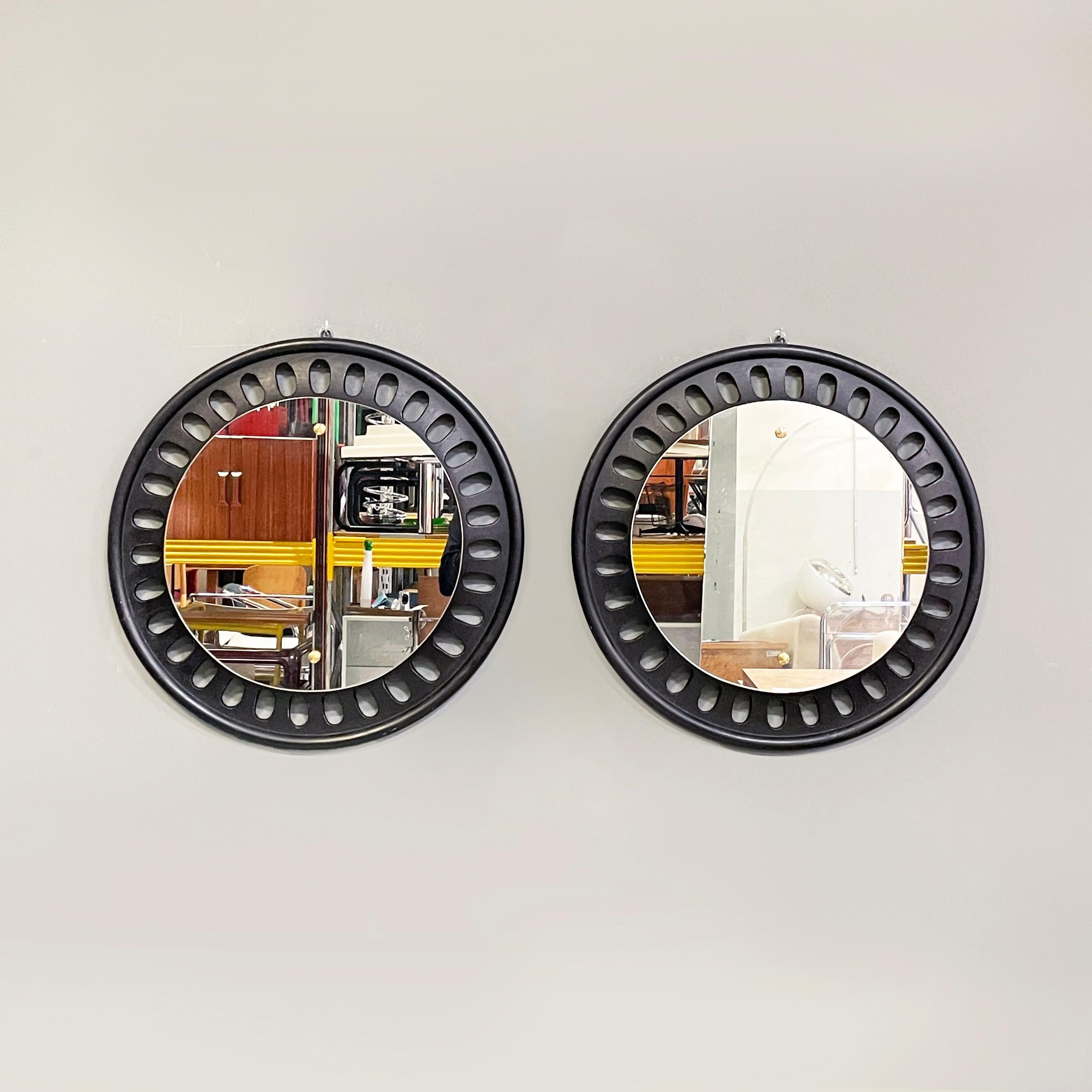 20th Century Italian Round wall mirrors in black wood, 20th century For Sale