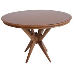 Italian Round Walnut Wood Table with Glass Top