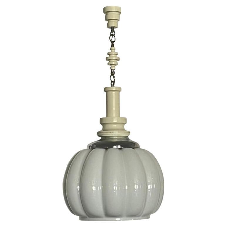 Italian Round White Glass Pendant Light  1960s