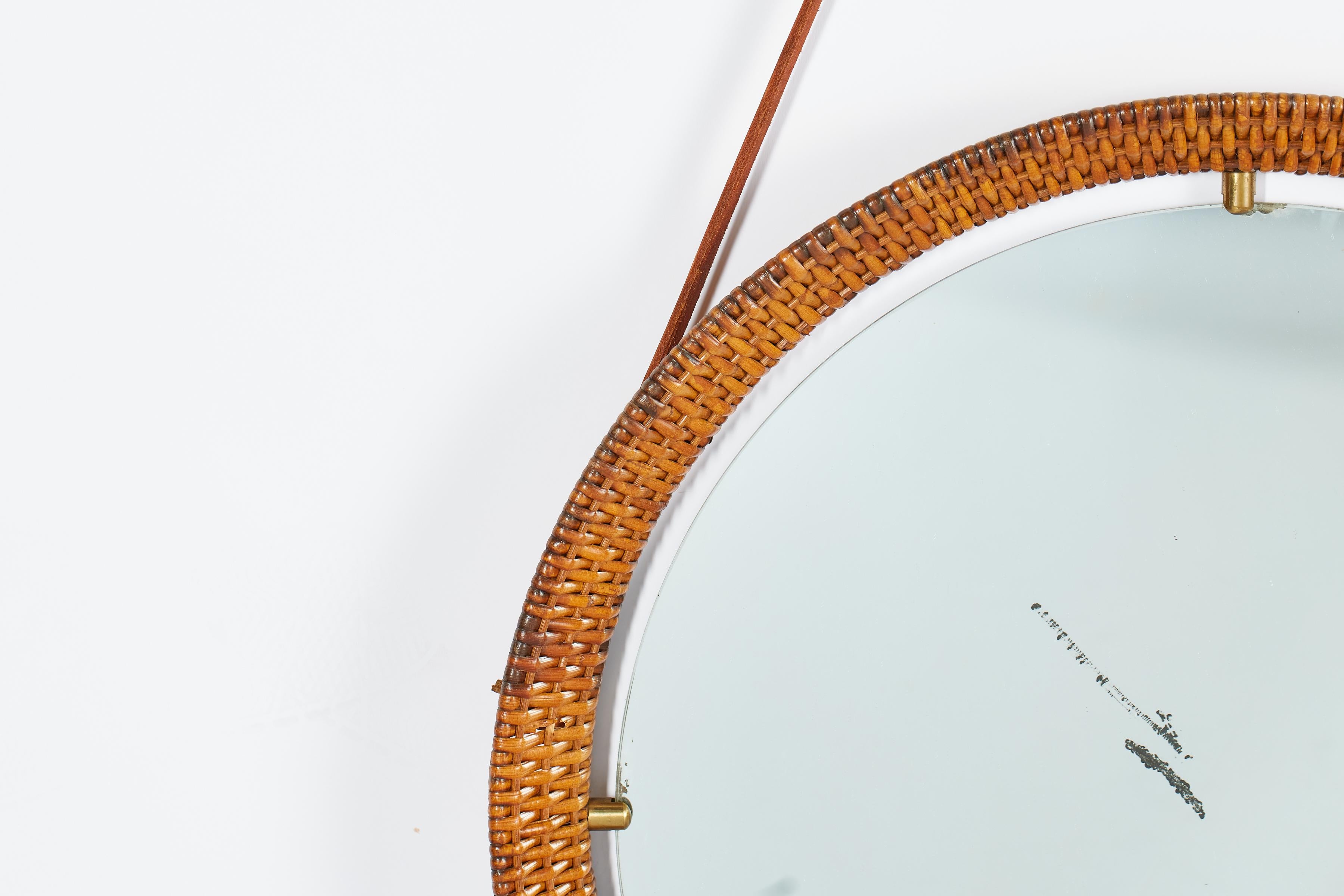 Brass Italian Round Wicker Mirror For Sale