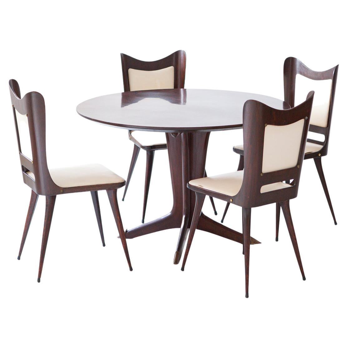 Italian Round Wooden Dining Table with 4 Chairs Set by Carlo Ratti