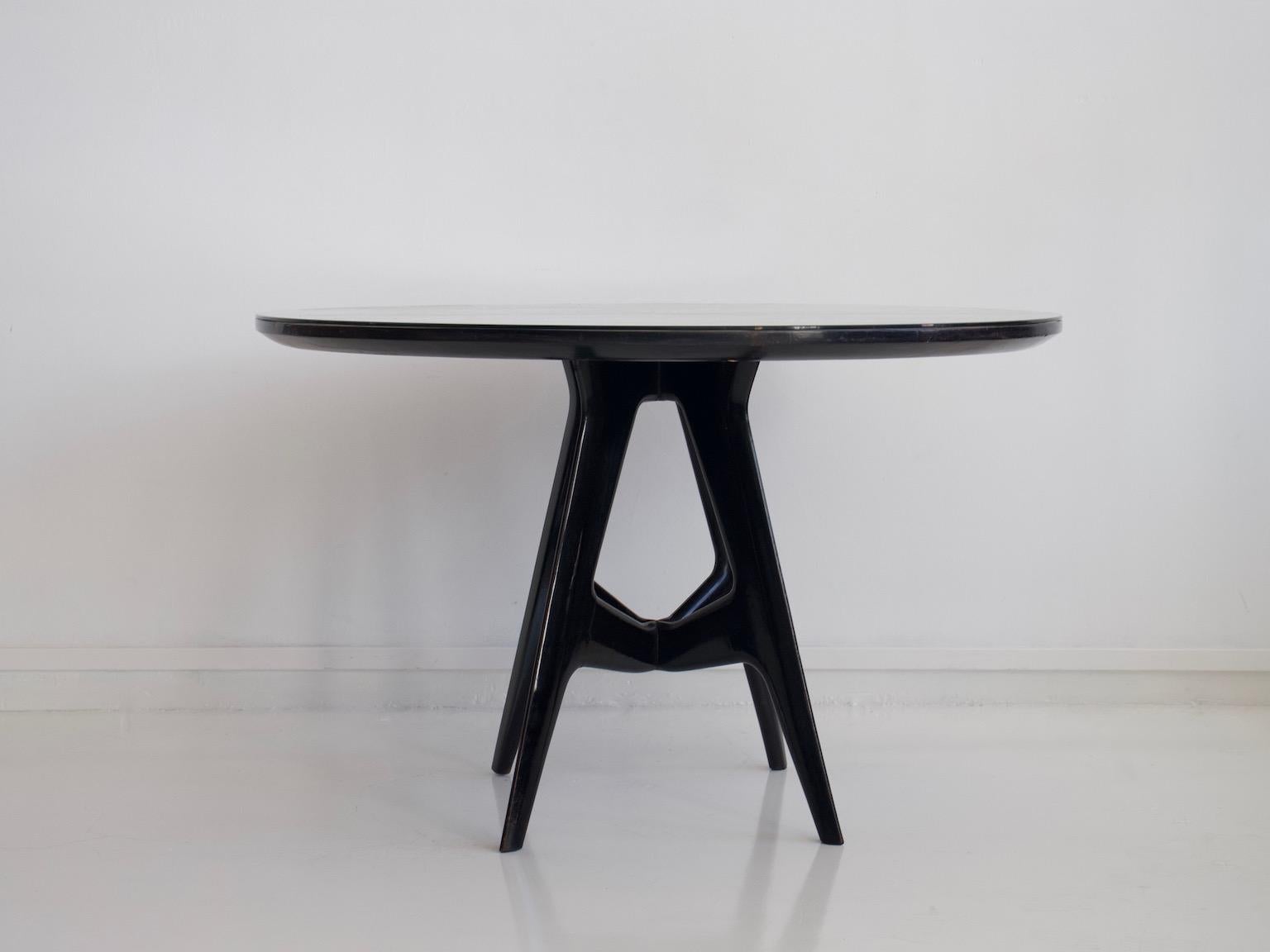 Mid-Century Modern Italian Round Wooden Dining Table with Glass Top