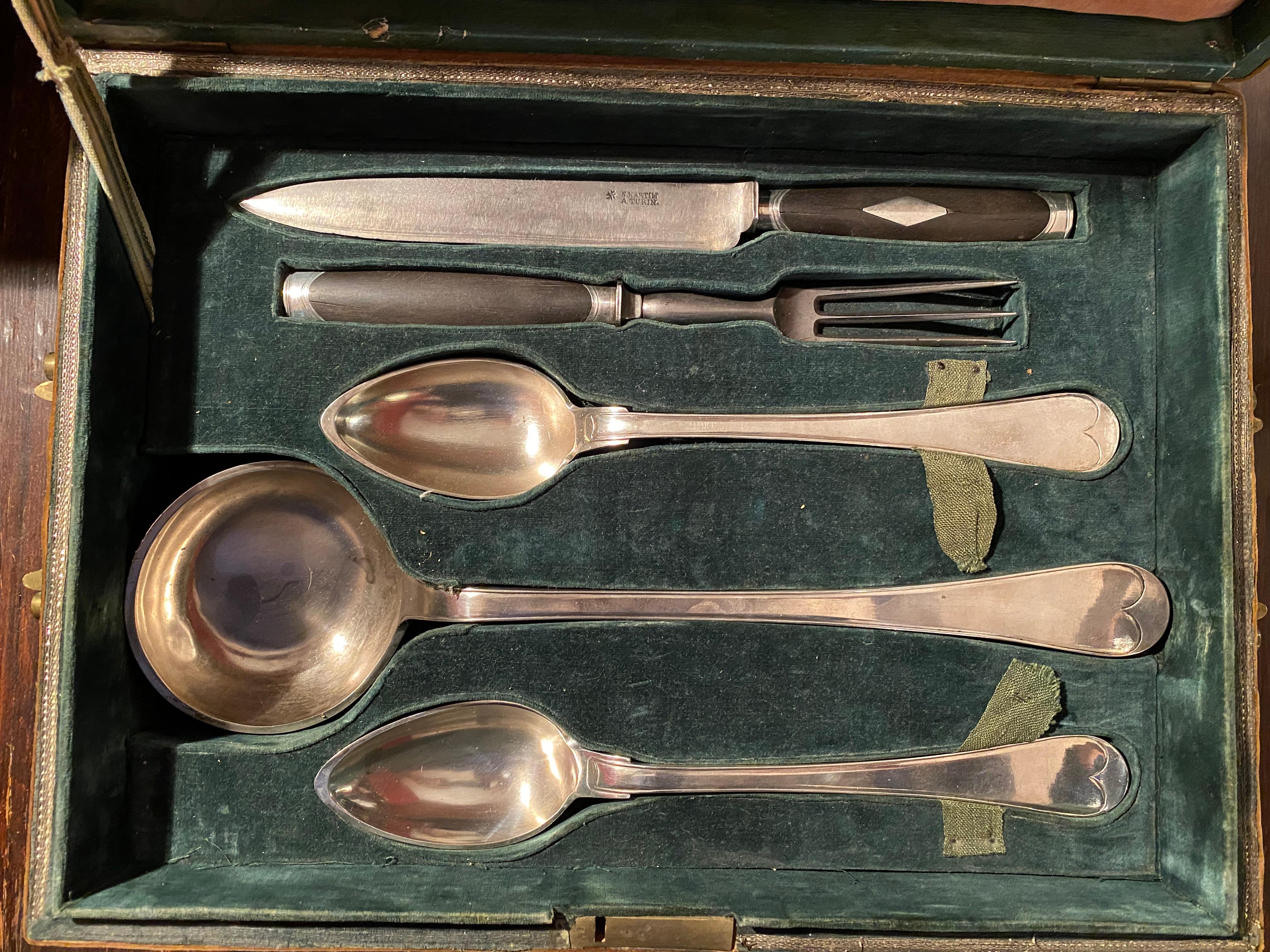 Gothic Revival Italian Royal House of Savoy, Diplomatic Travel Silver Cutlery Set For Sale