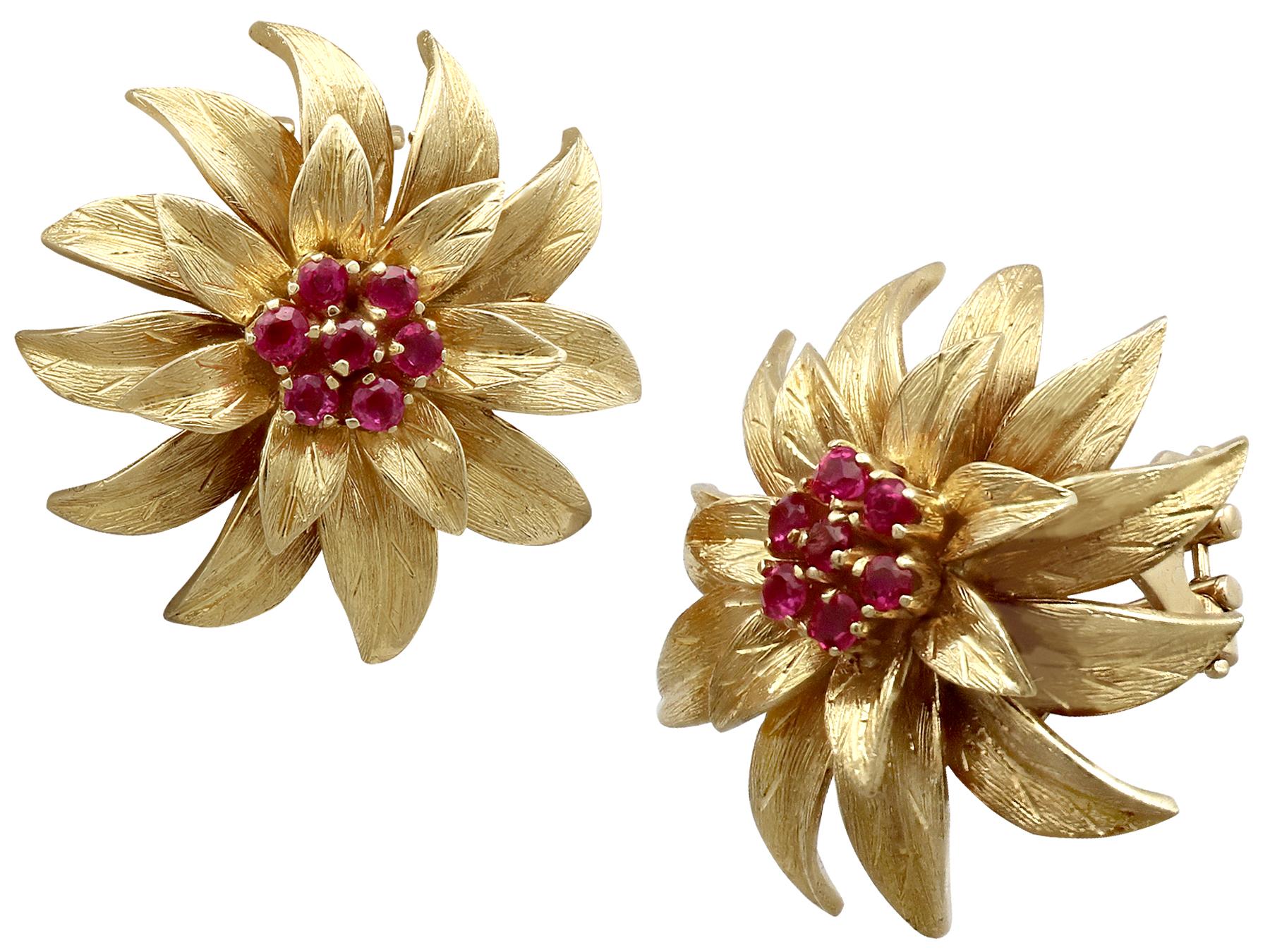 Round Cut Italian Ruby and Yellow Gold Floral Earrings
