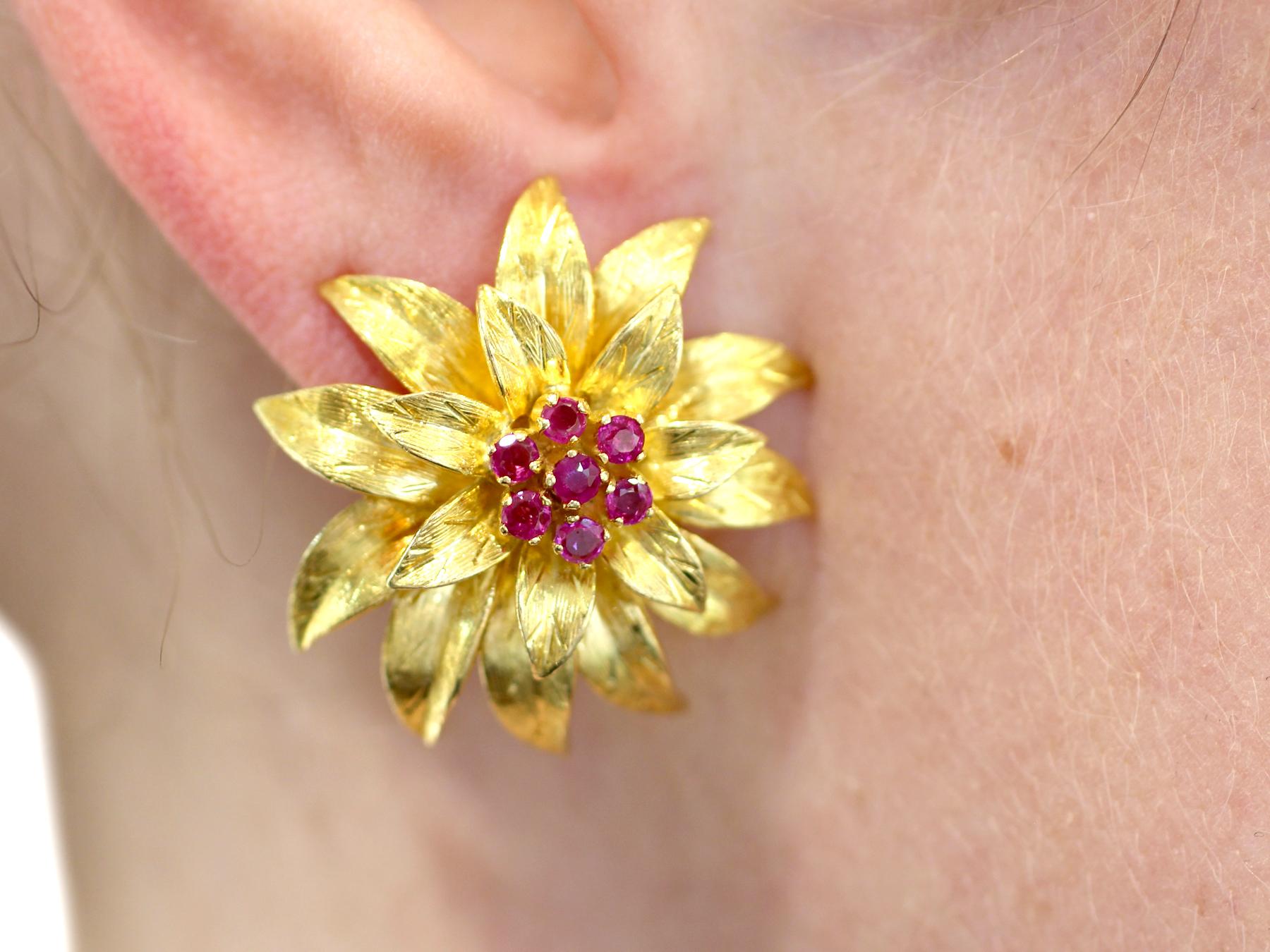 Italian Ruby and Yellow Gold Floral Earrings 3