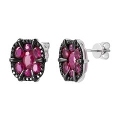 Boucles d'oreilles italiennes en or blanc avec rubis et diamants noirs pour elle