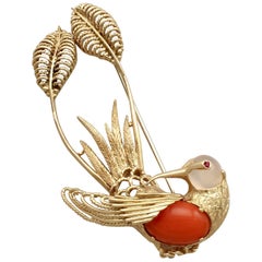 Vintage Italian Ruby, Moonstone, Coral and Yellow Gold Hummingbird Brooch