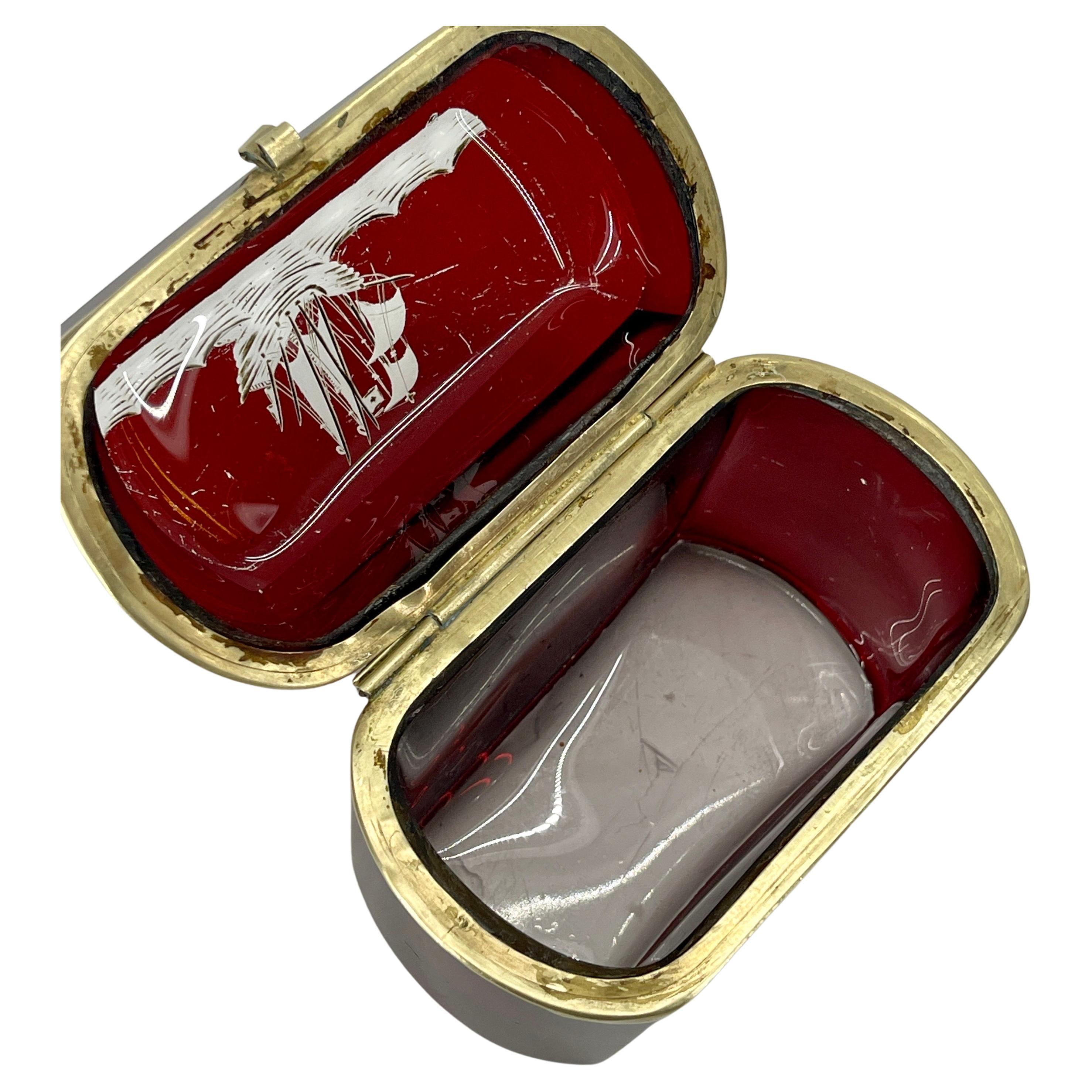 Italian Ruby Red Glass Jewelry Box With Sailboat Decoration For Sale 5