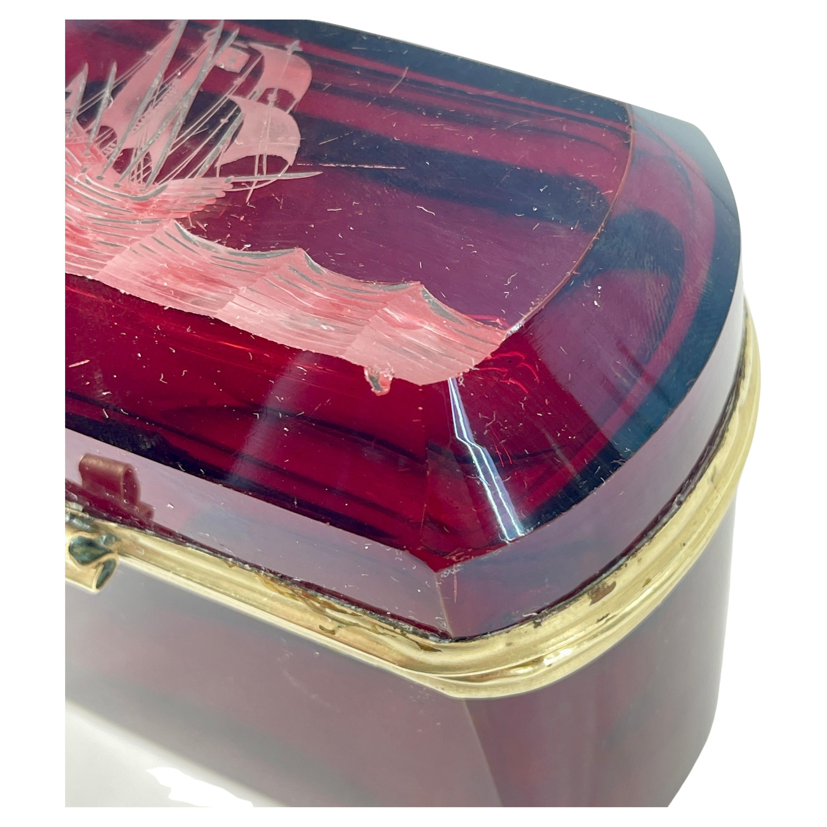 Italian Ruby Red Glass Jewelry Box With Sailboat Decoration For Sale 6