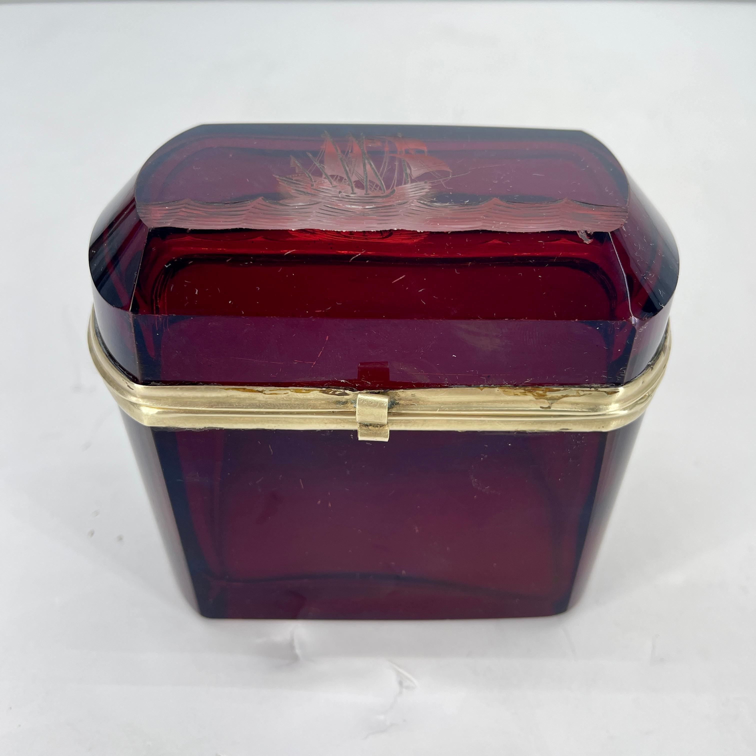 Italian Ruby Red Glass Jewelry Box With Sailboat Decoration For Sale 7