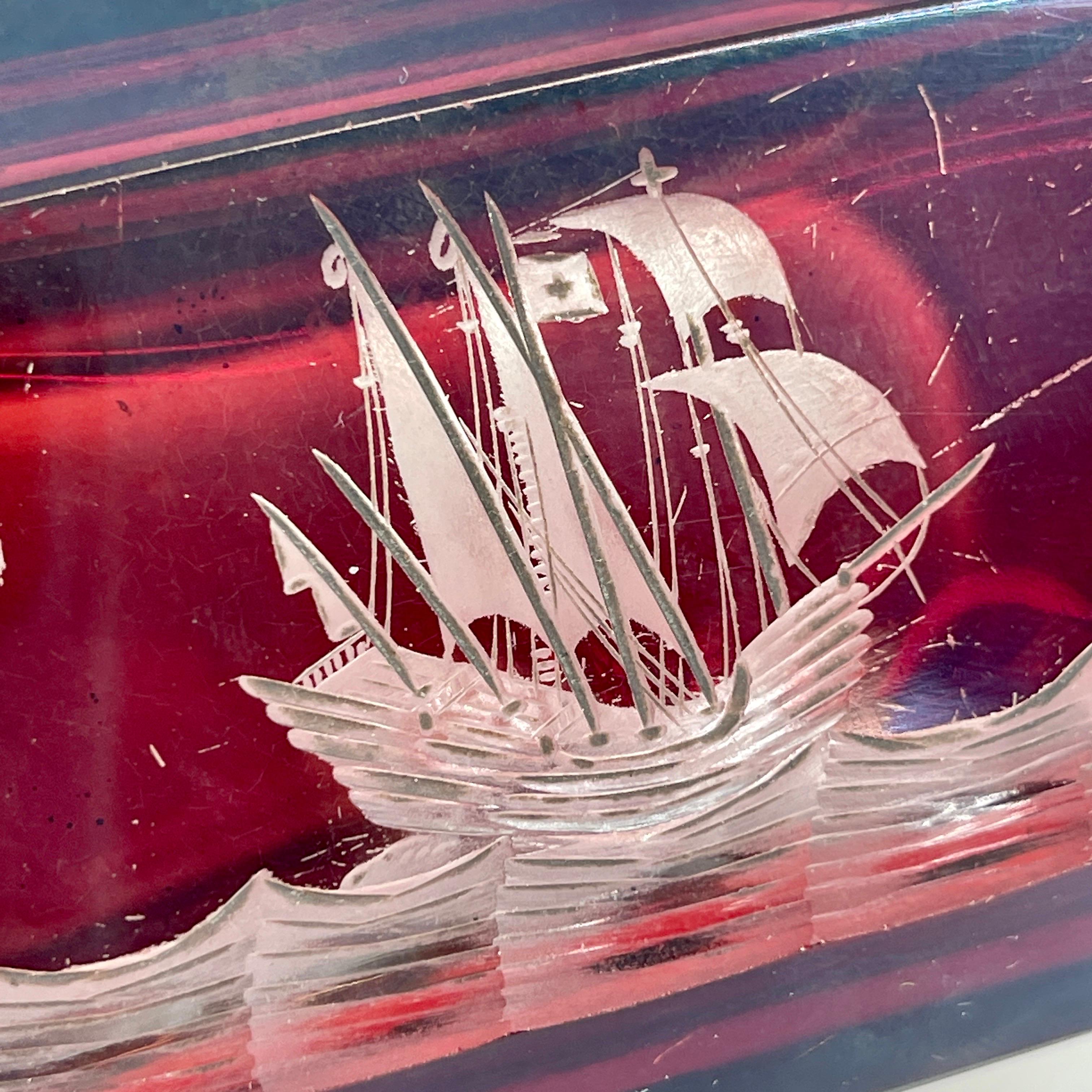 Italian Ruby Red Glass Jewelry Box With Sailboat Decoration For Sale 11