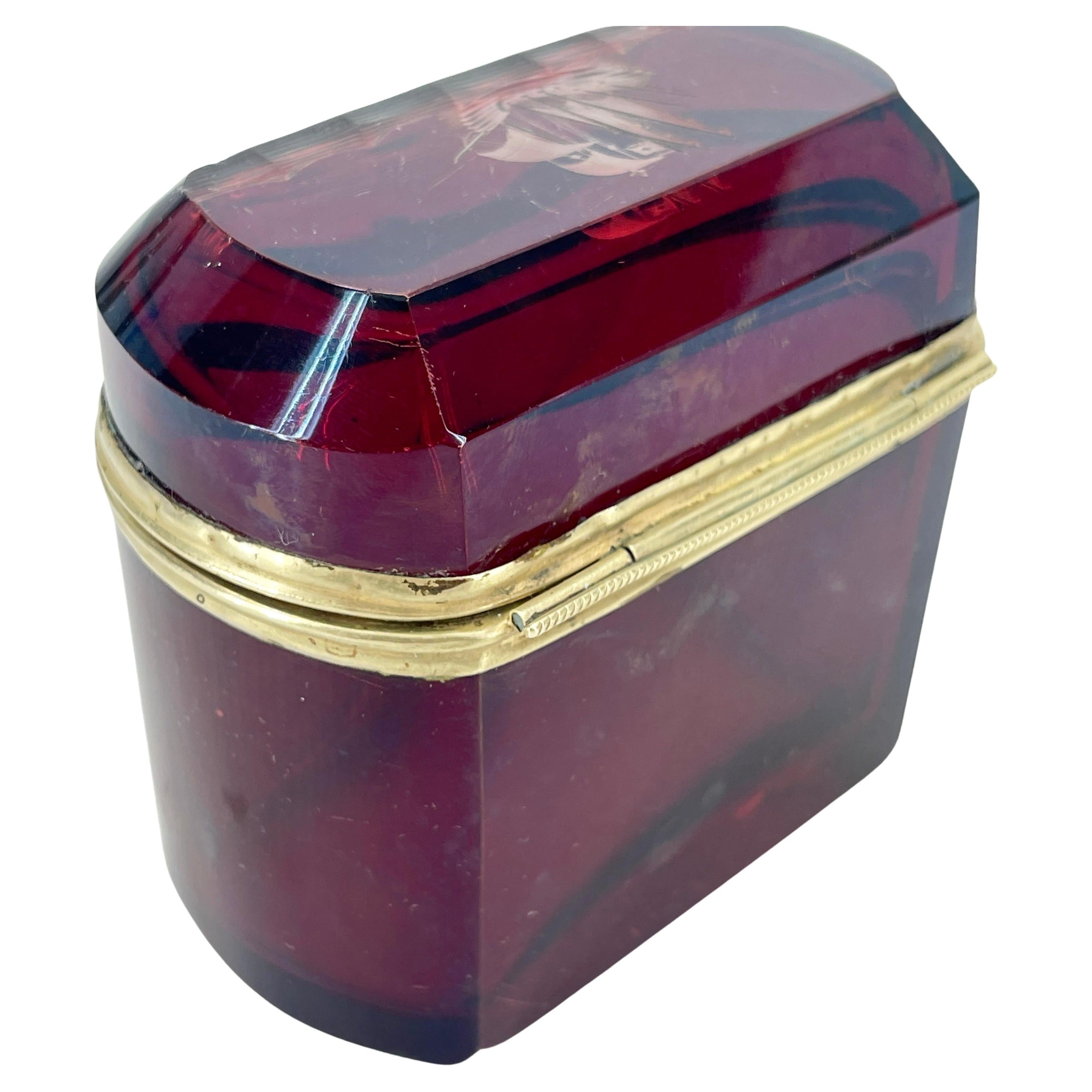 Art Deco Italian Ruby Red Glass Jewelry Box With Sailboat Decoration For Sale