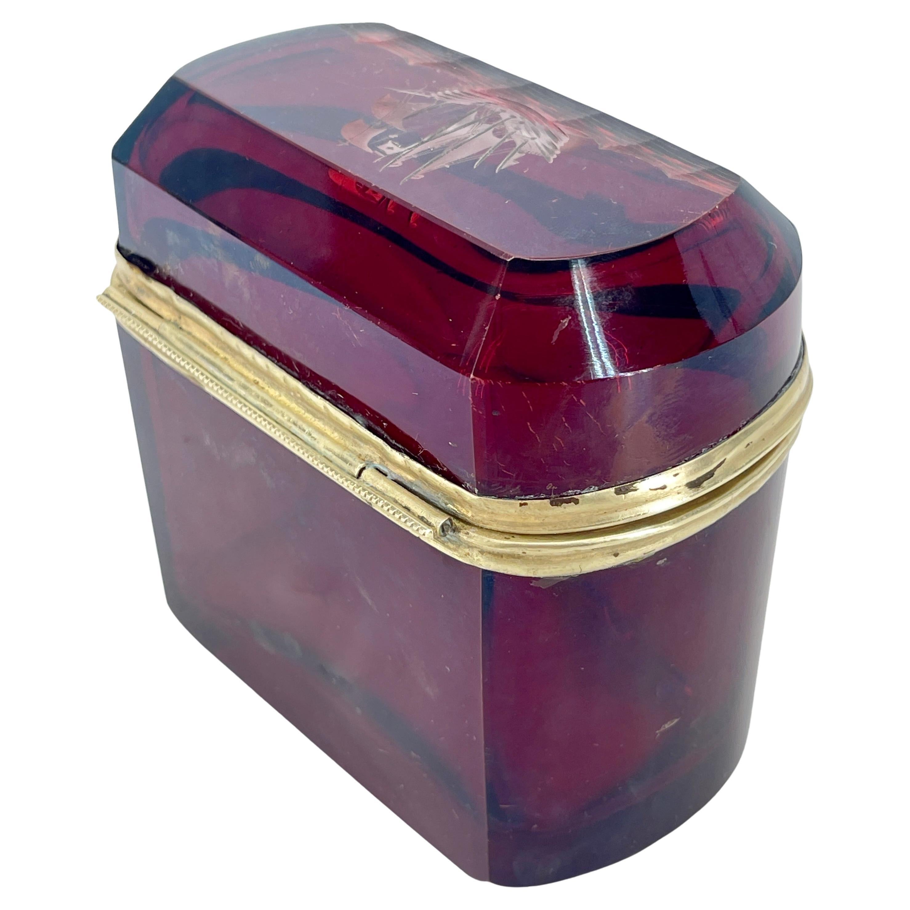 Hand-Crafted Italian Ruby Red Glass Jewelry Box With Sailboat Decoration For Sale