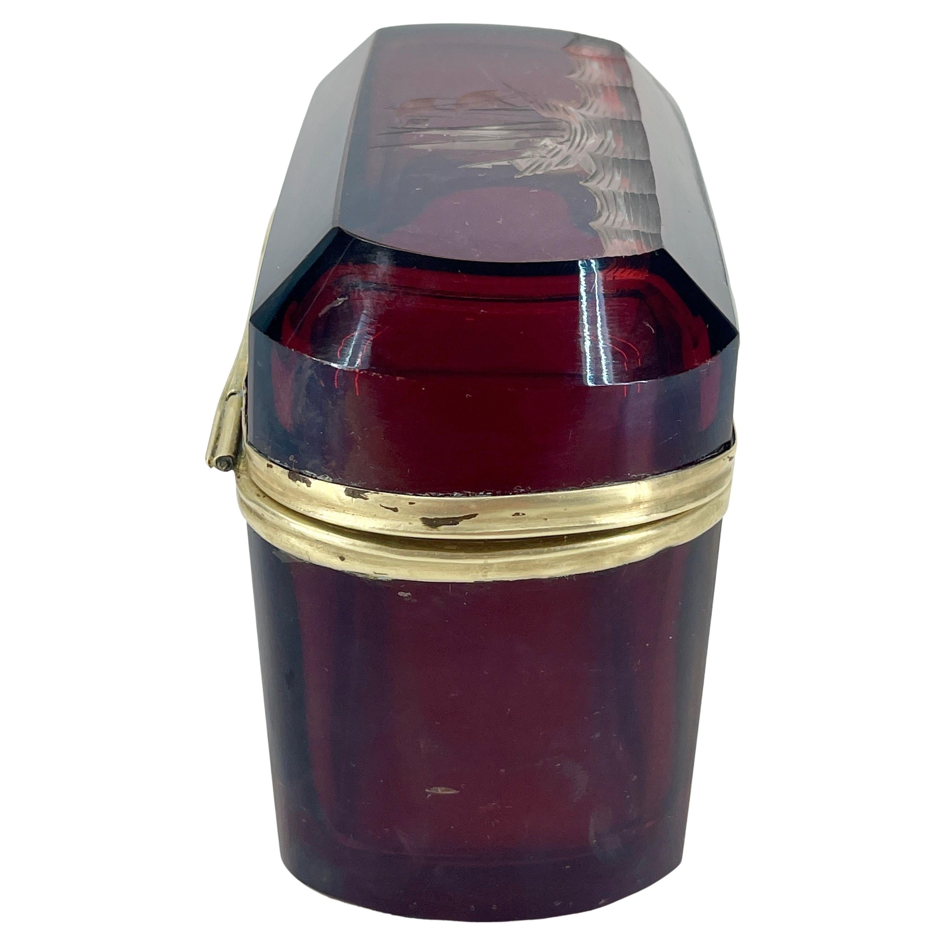 Italian Ruby Red Glass Jewelry Box With Sailboat Decoration In Good Condition For Sale In Haddonfield, NJ