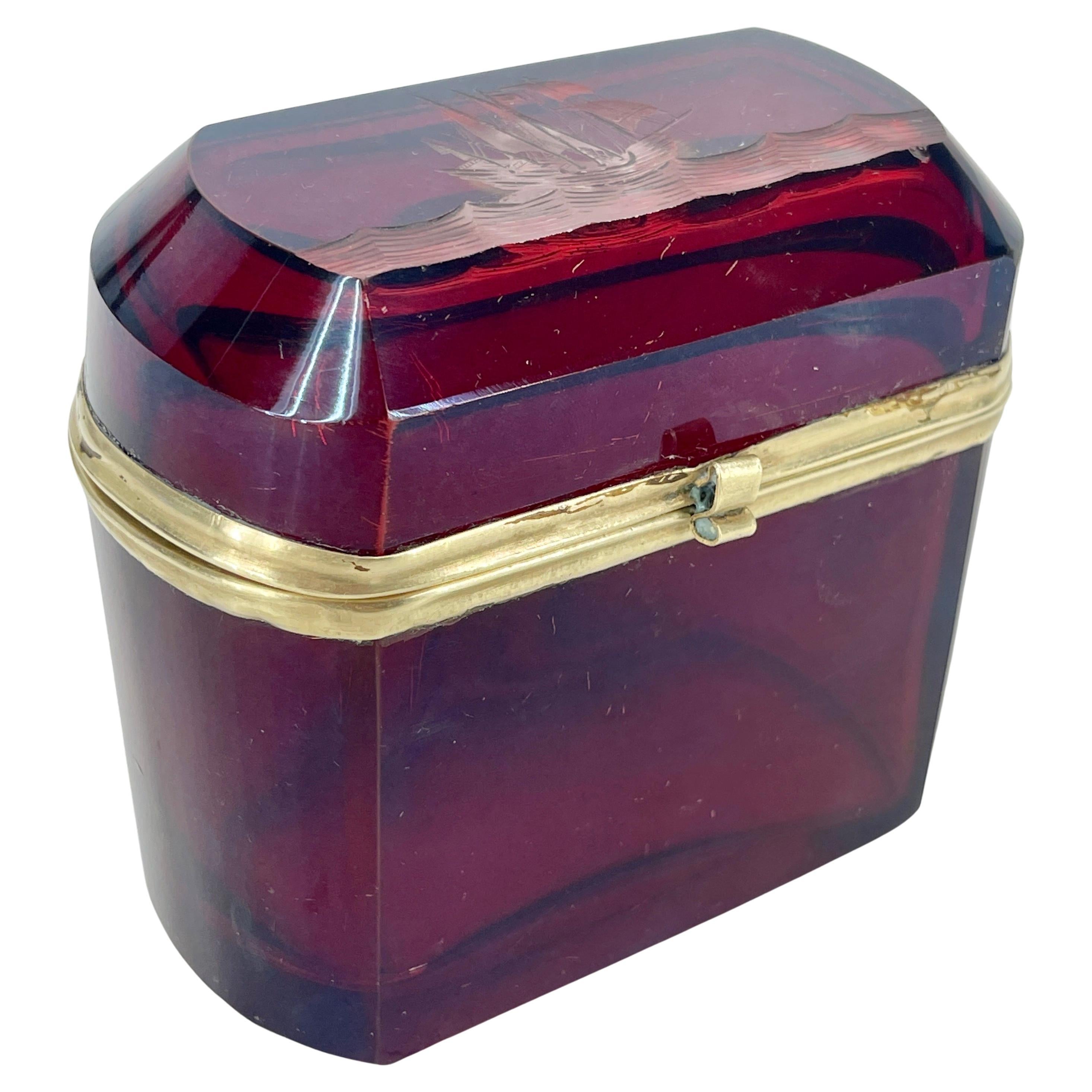 20th Century Italian Ruby Red Glass Jewelry Box With Sailboat Decoration For Sale