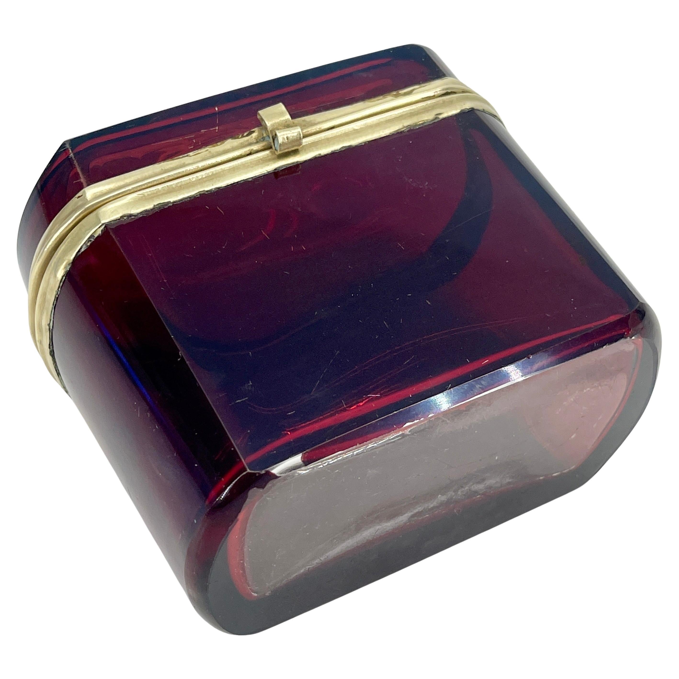 Brass Italian Ruby Red Glass Jewelry Box With Sailboat Decoration For Sale