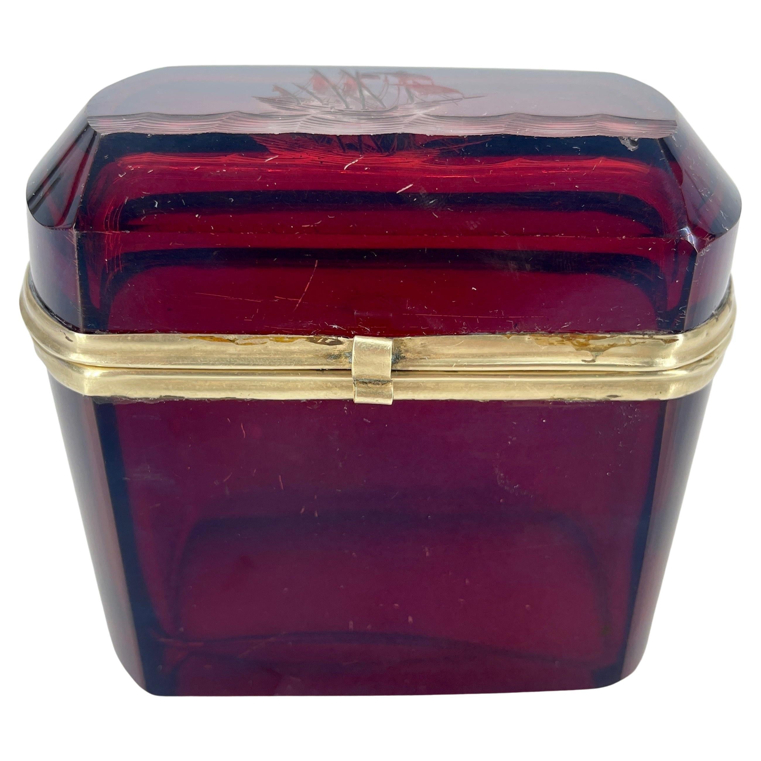 Italian Ruby Red Glass Jewelry Box With Sailboat Decoration