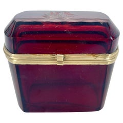 Antique Italian Ruby Red Glass Jewelry Box With Sailboat Decoration