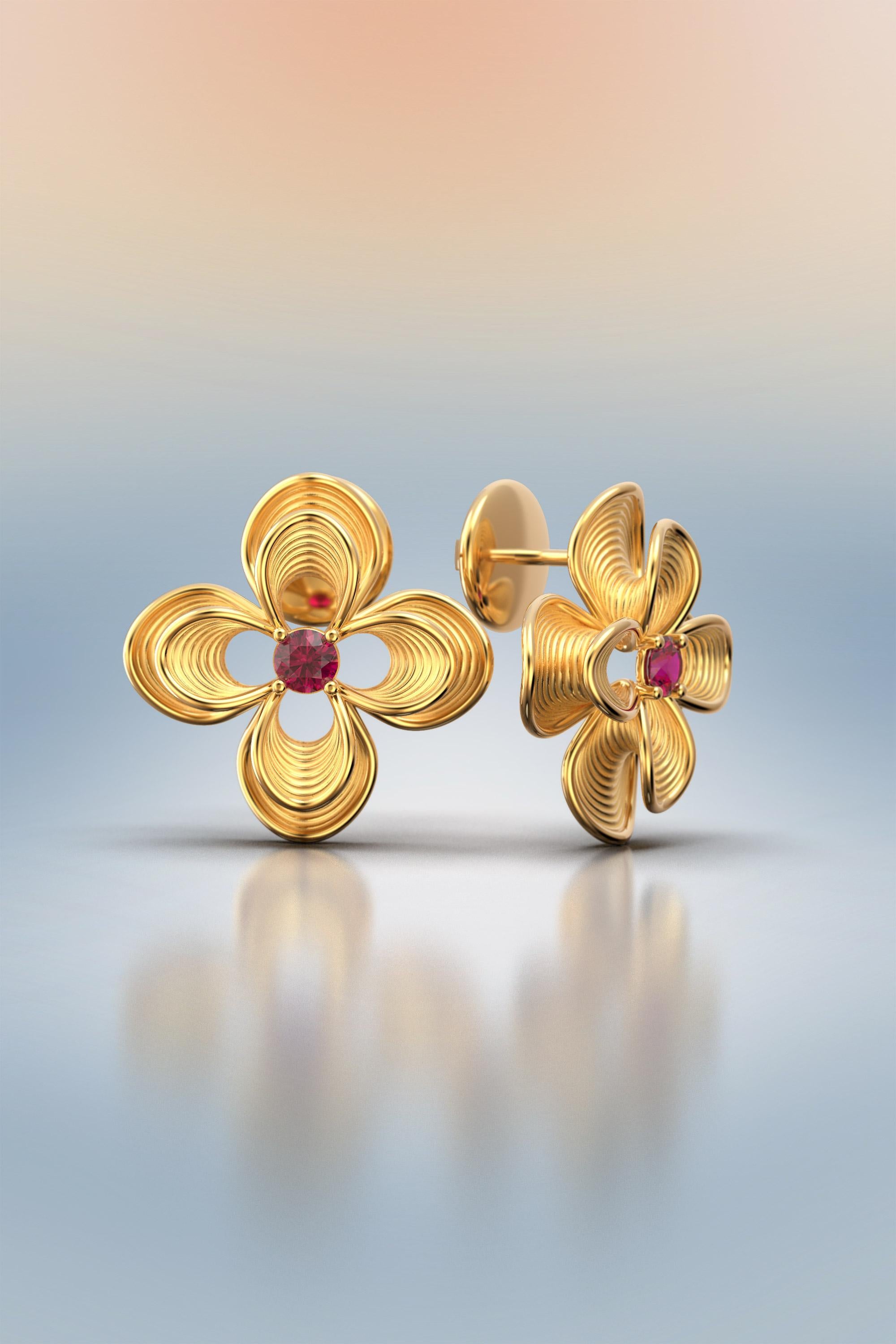 Contemporary Italian Ruby Stud Earrings in 14k Gold by Oltremare Gioielli For Sale