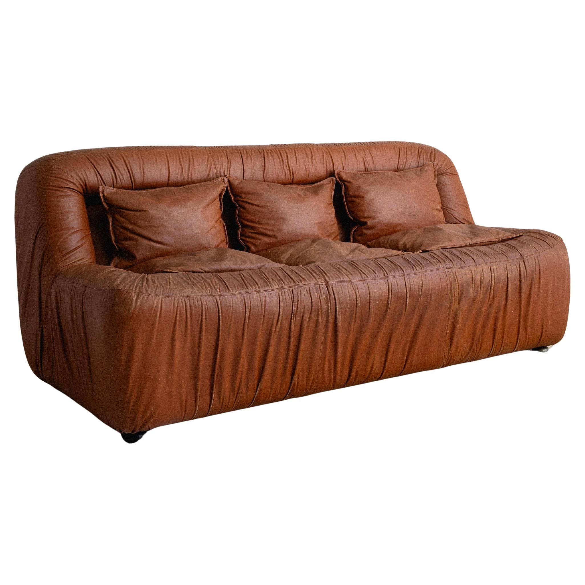 Italian Ruched Leather Sofa in the Style of De Pas, D'Urbino, Lomazzi For Sale